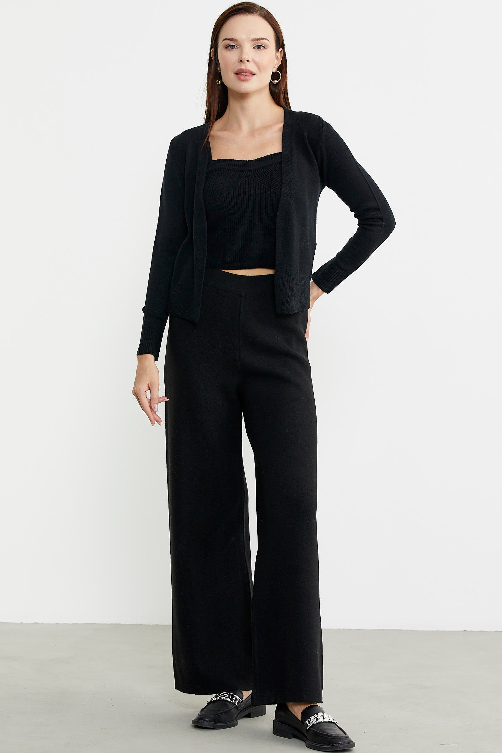 Bol Paça Lastikli Yünlü Triko Pantolon - Siyah - Sementa