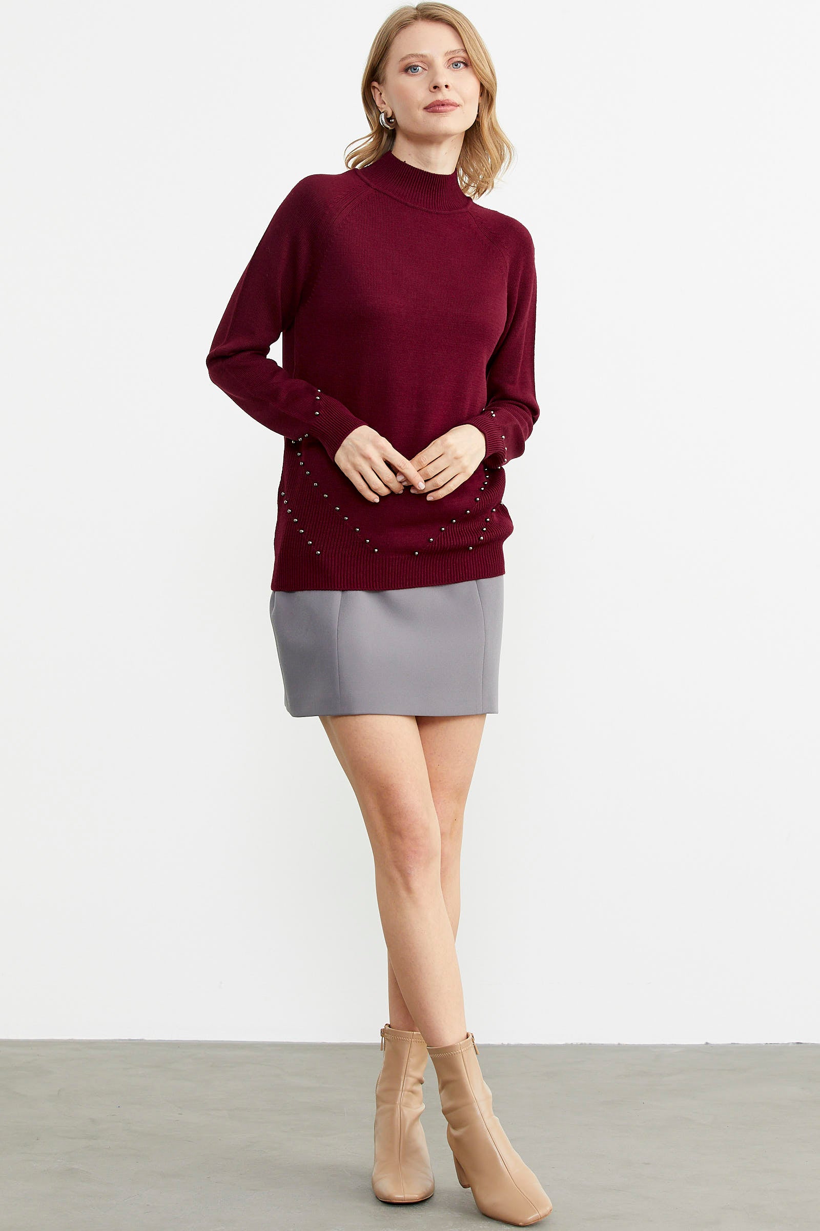 Boncuk Detaylı Triko Kazak - Bordo (3) Sementa