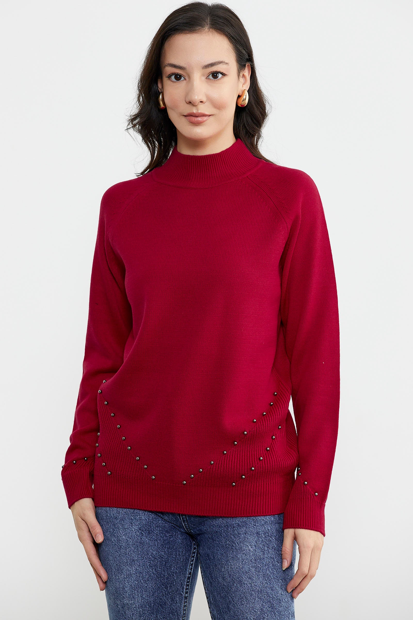 Boncuk Detaylı Triko Kazak - Kırmızı (1) Sementa