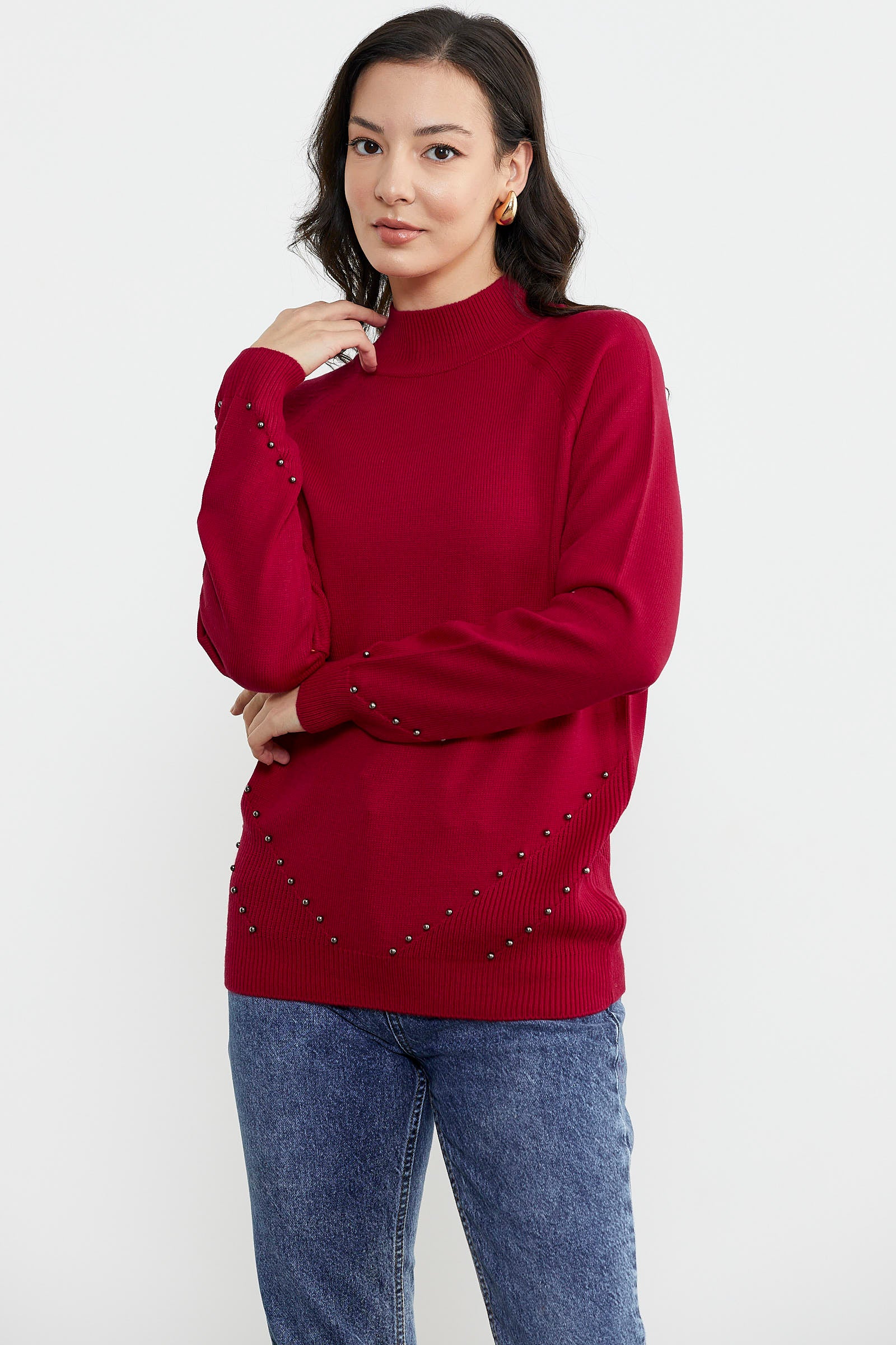 Boncuk Detaylı Triko Kazak - Kırmızı (3) Sementa