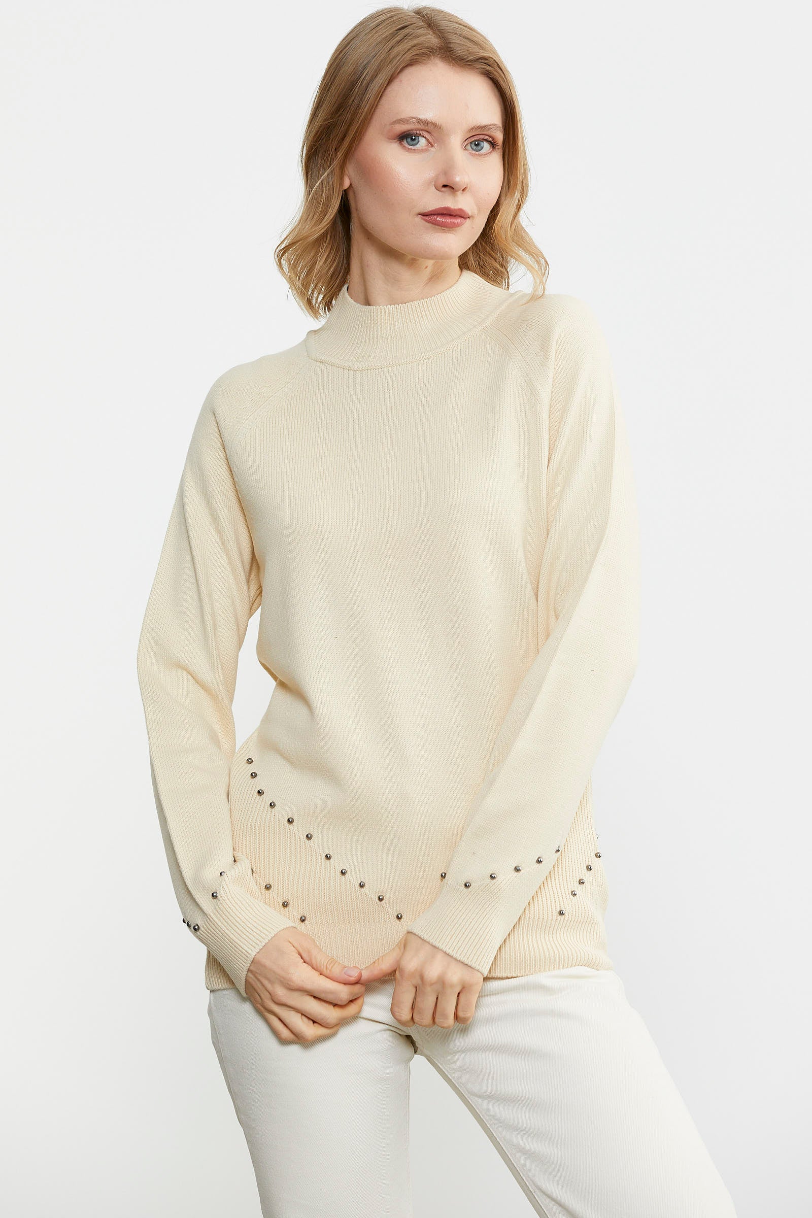 Boncuk Detaylı Triko Kazak - Krem (1) Sementa