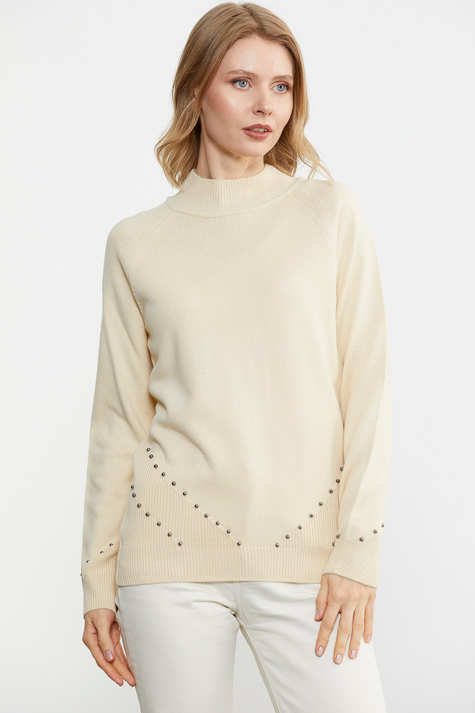 Boncuk Detaylı Triko Kazak - Krem (2) Sementa