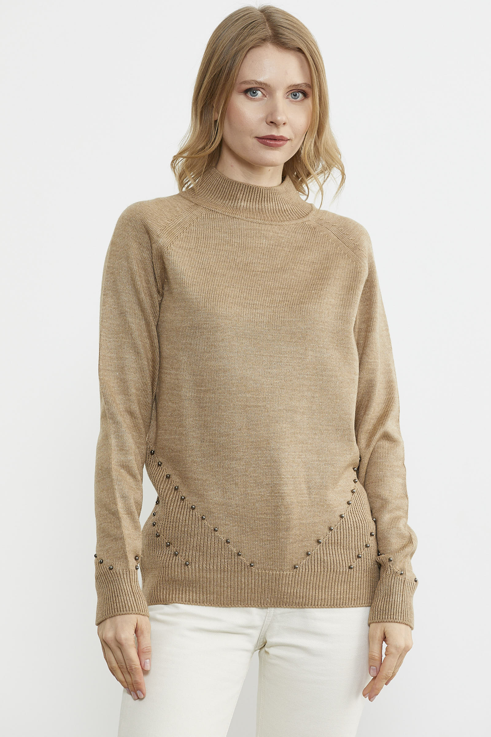 Boncuk Detaylı Triko Kazak - Kum (1) Sementa