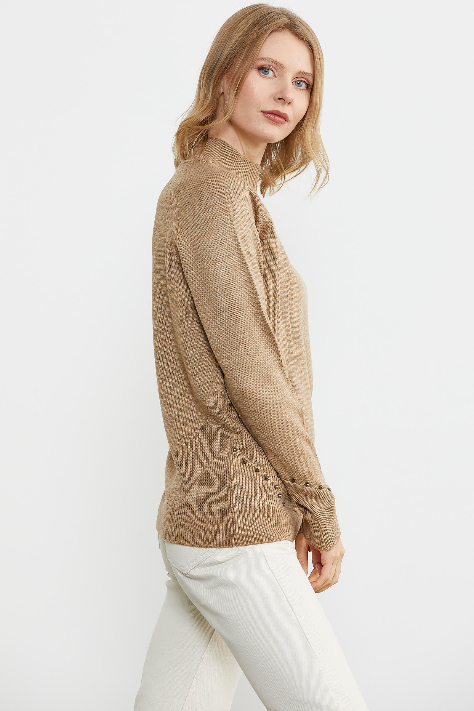 Boncuk Detaylı Triko Kazak - Kum (4) Sementa