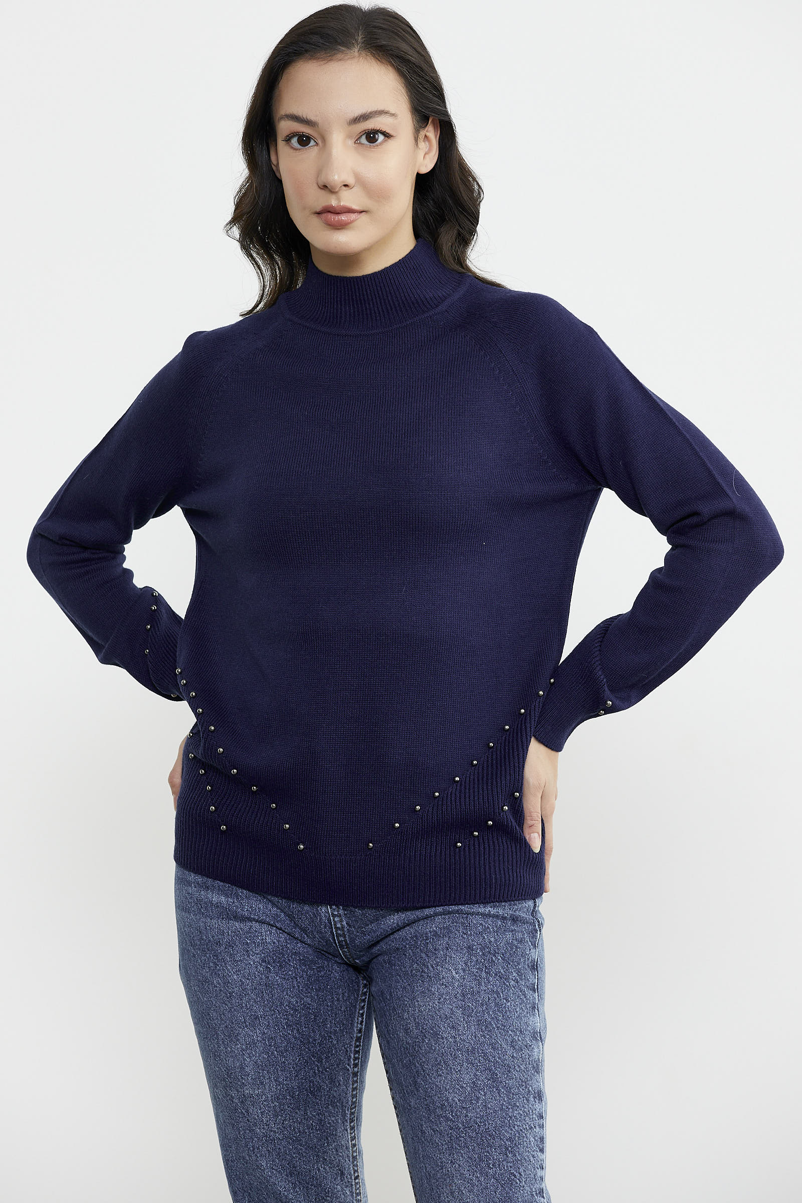 Boncuk Detaylı Triko Kazak - Lacivert (3) Sementa