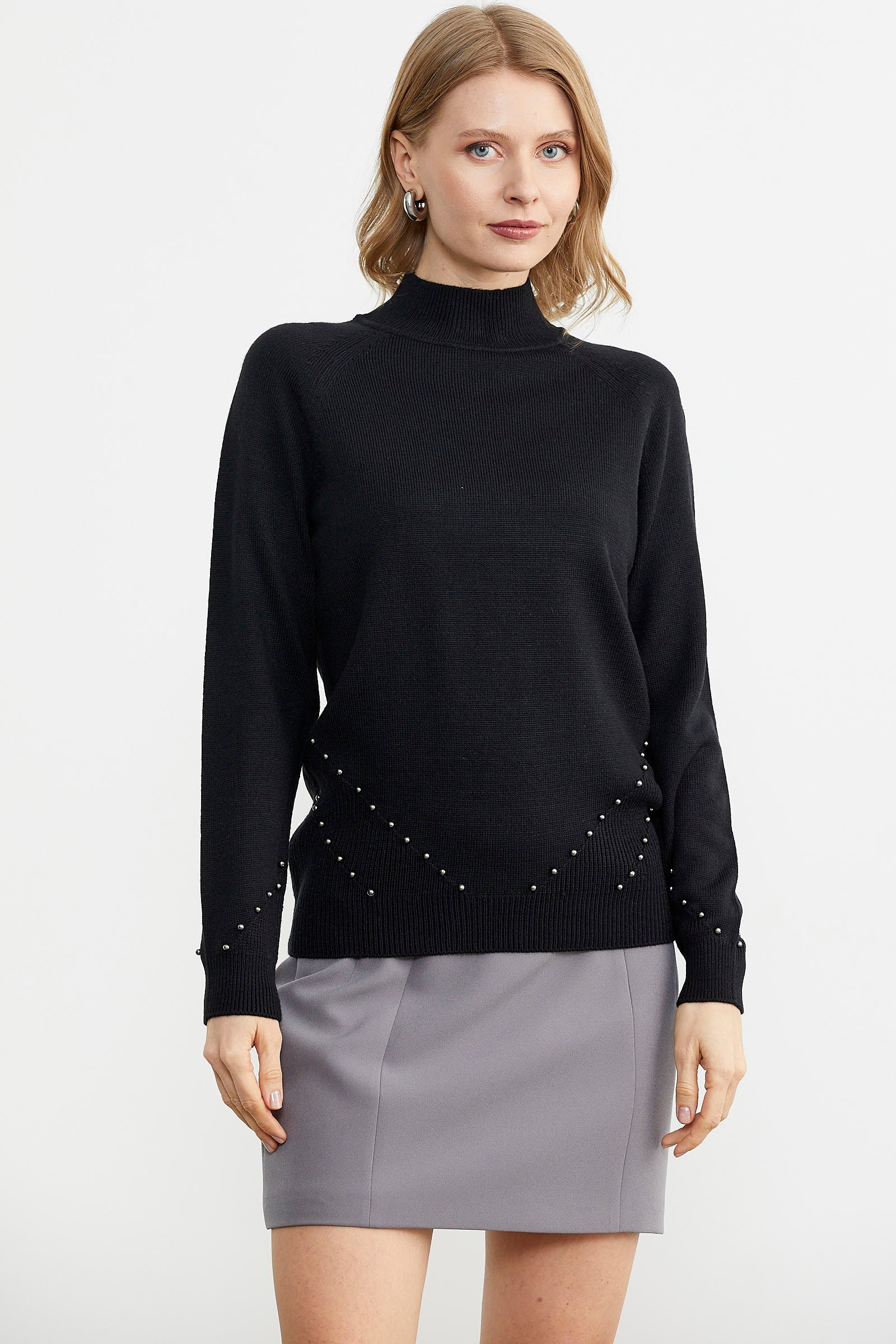 Boncuk Detaylı Triko Kazak - Siyah (1) Sementa