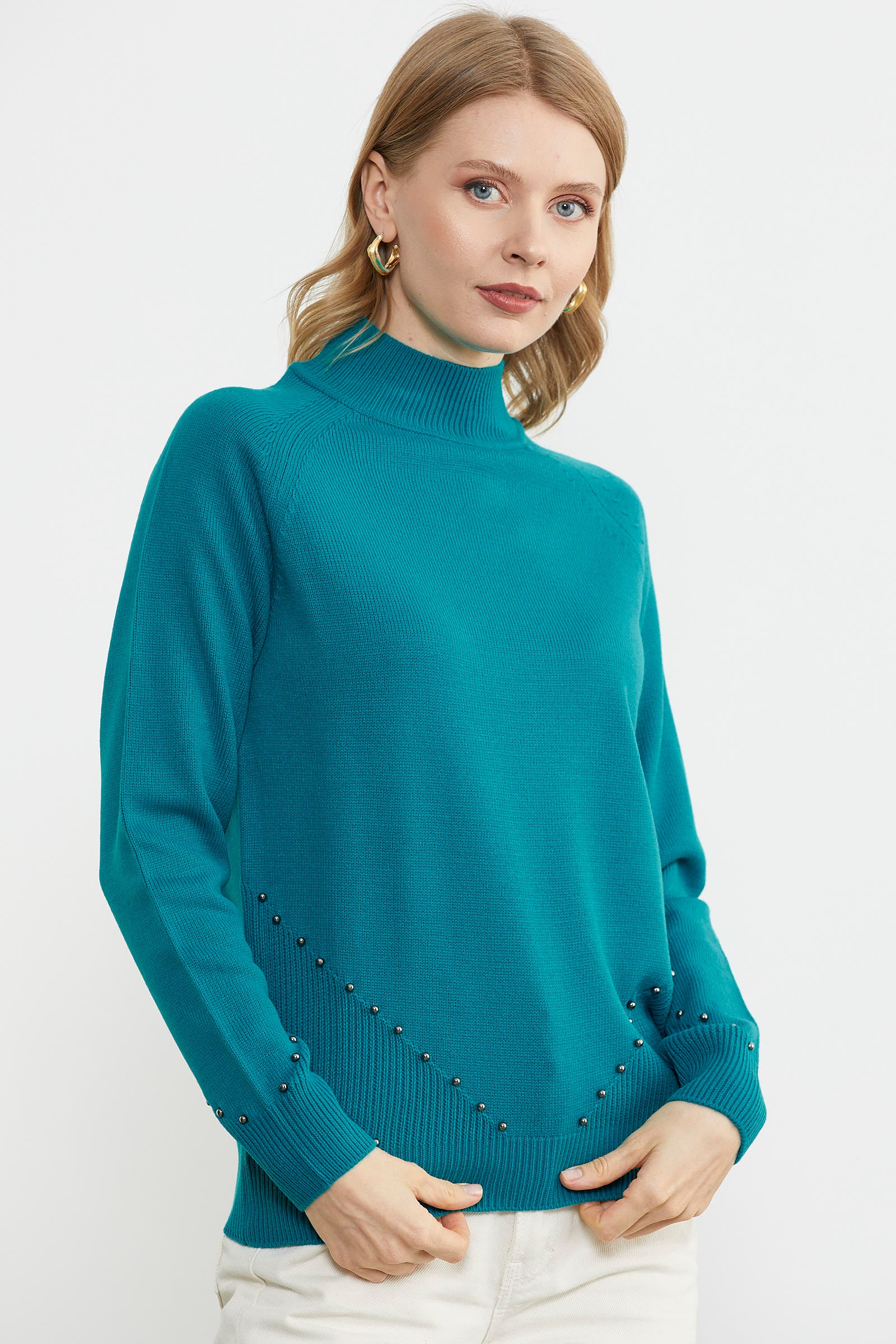 Boncuk Detaylı Triko Kazak - Turkuaz (1) Sementa