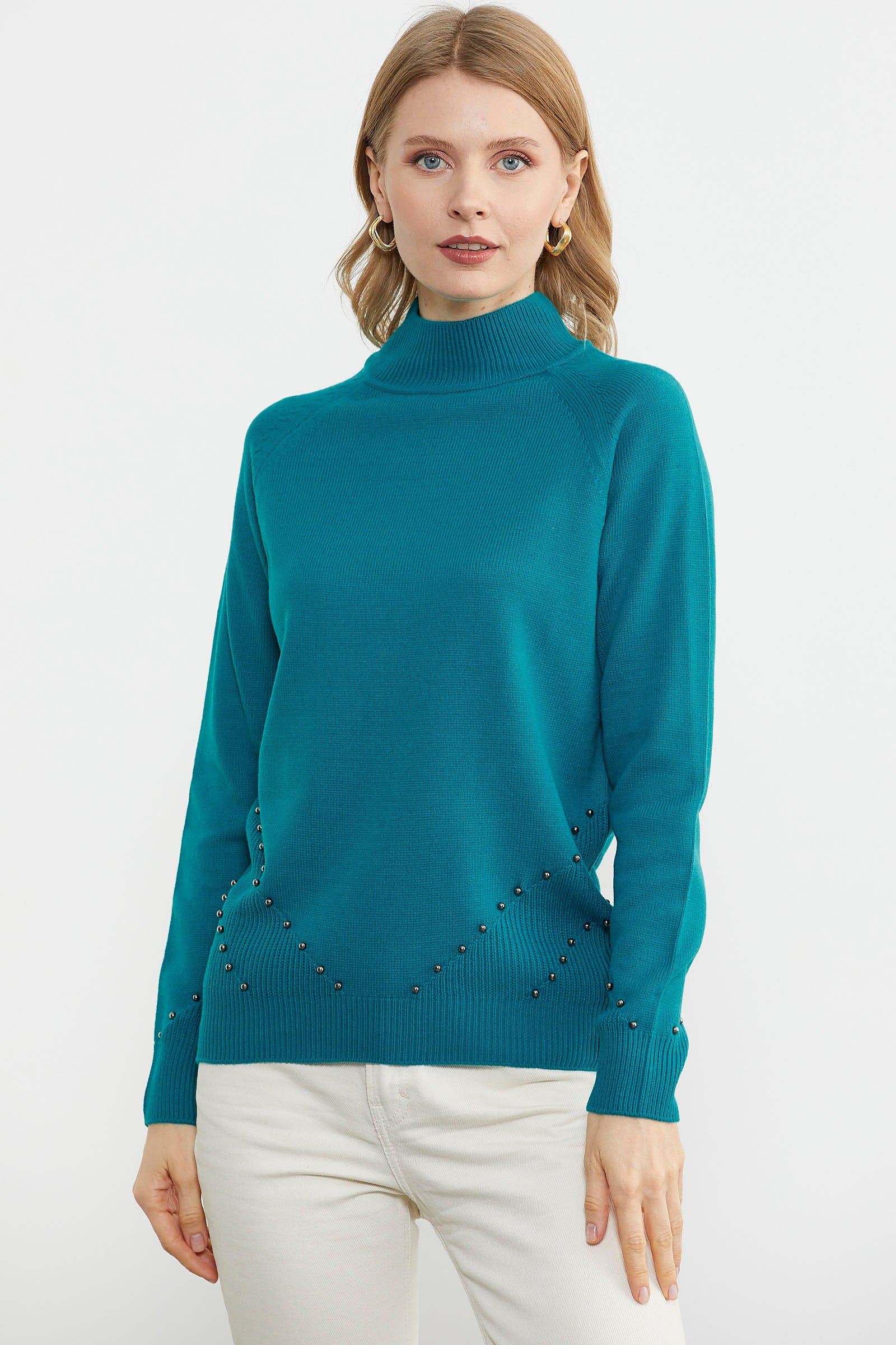 Boncuk Detaylı Triko Kazak - Turkuaz (2) Sementa