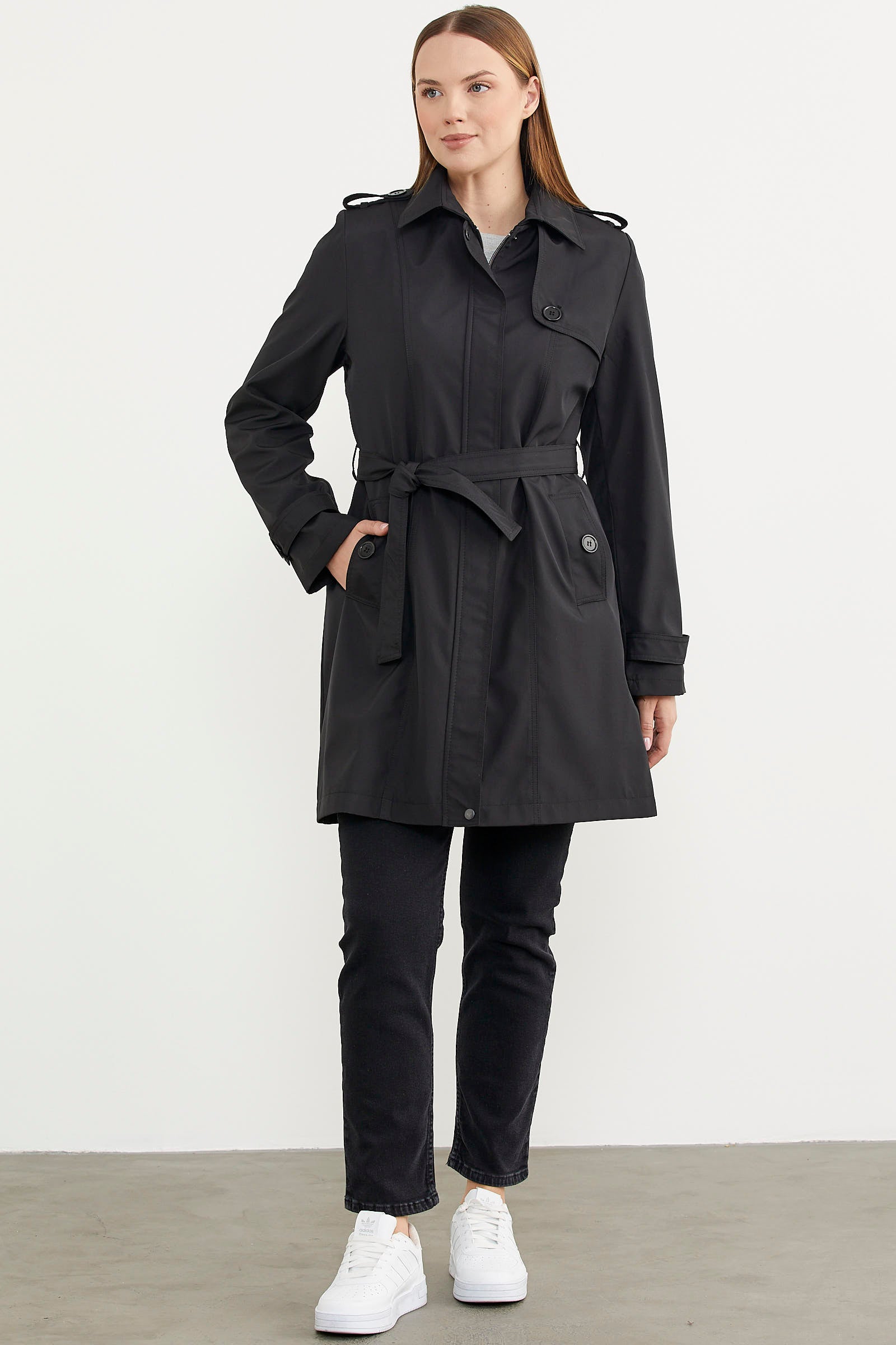Büyük Beden Belden Bağlamalı Trençkot - Siyah (2) Sementa