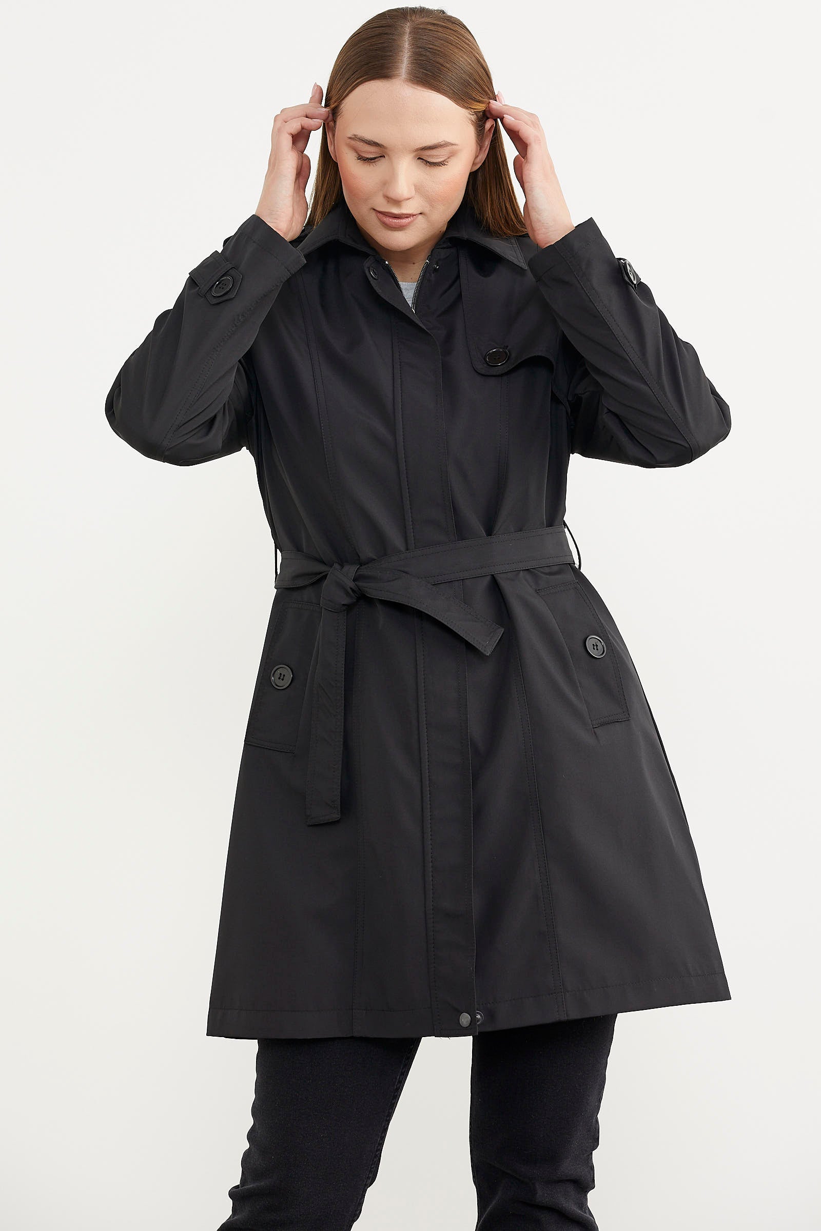 Büyük Beden Belden Bağlamalı Trençkot - Siyah (4) Sementa