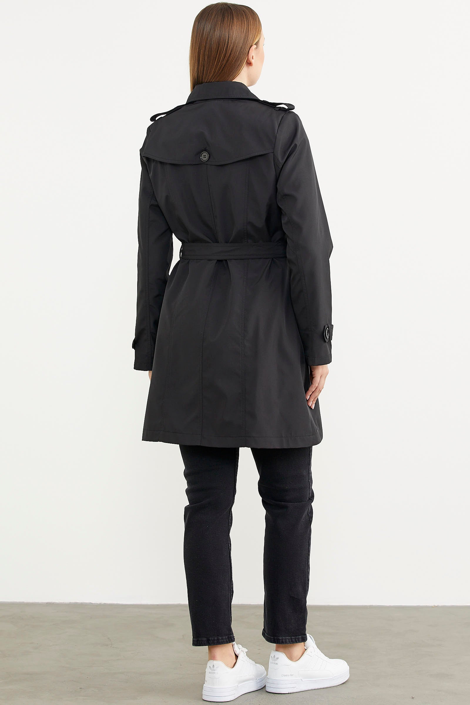 Büyük Beden Belden Bağlamalı Trençkot - Siyah (7) Sementa