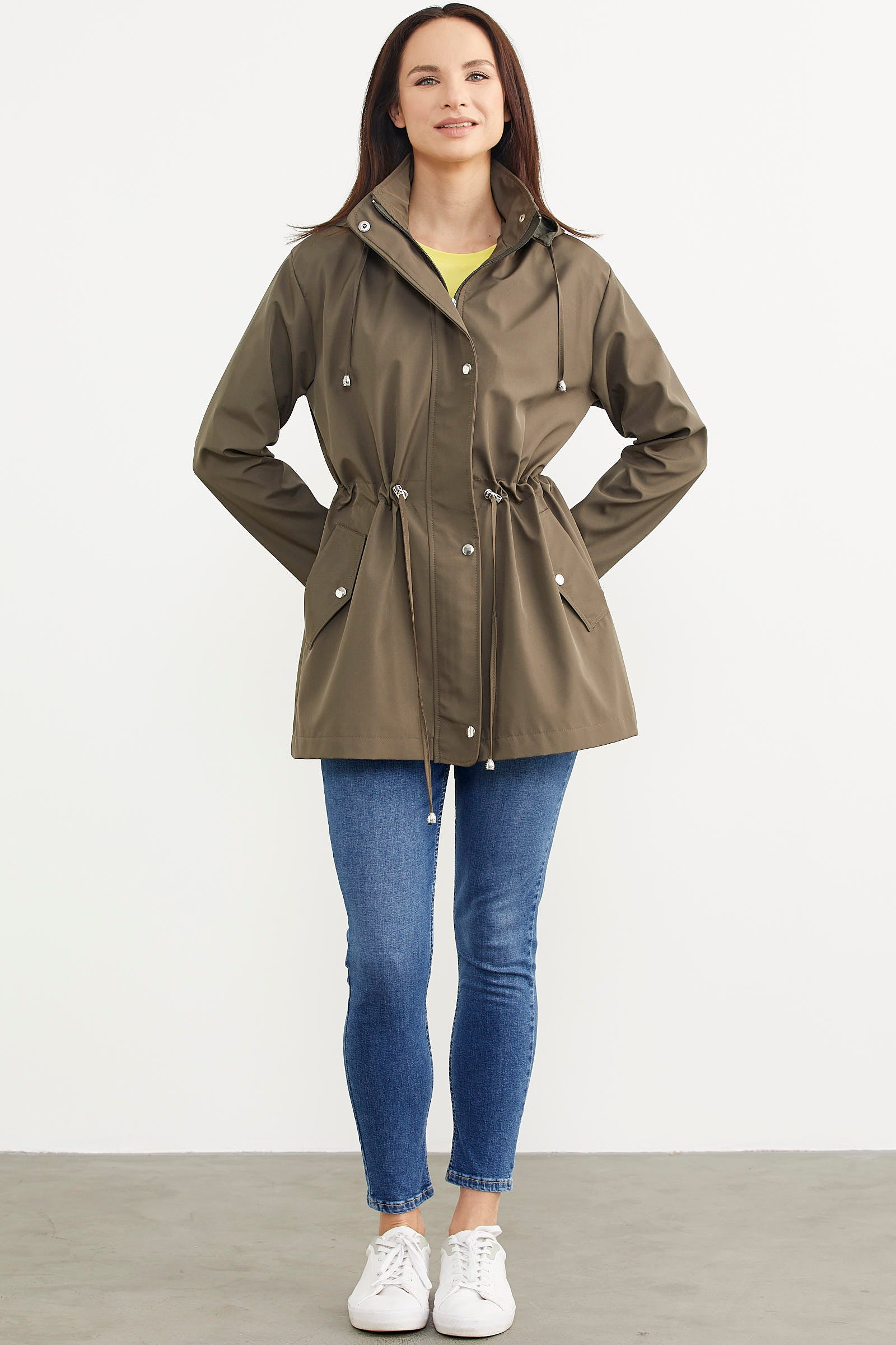Büyük Beden Belden Büzgülü Kapüşonlu Trençkot - Haki (4) Sementa