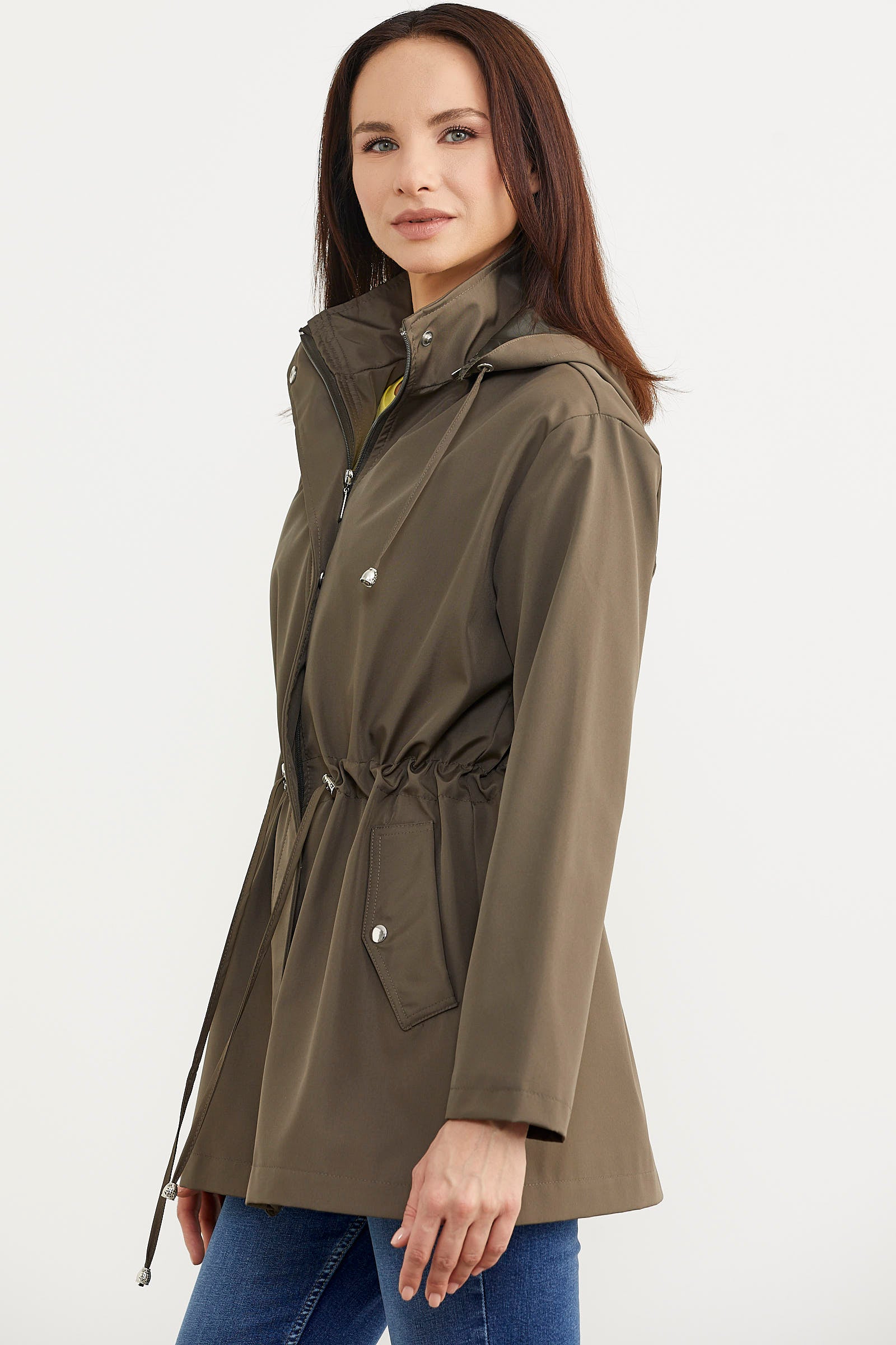 Büyük Beden Belden Büzgülü Kapüşonlu Trençkot - Haki (3) Sementa