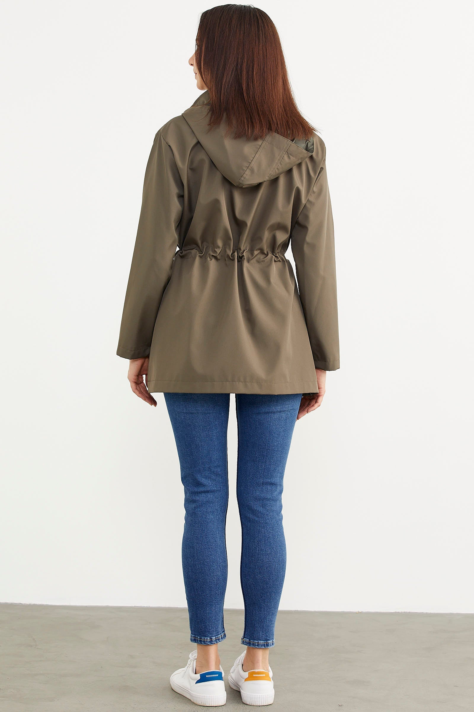 Büyük Beden Belden Büzgülü Kapüşonlu Trençkot - Haki (6) Sementa