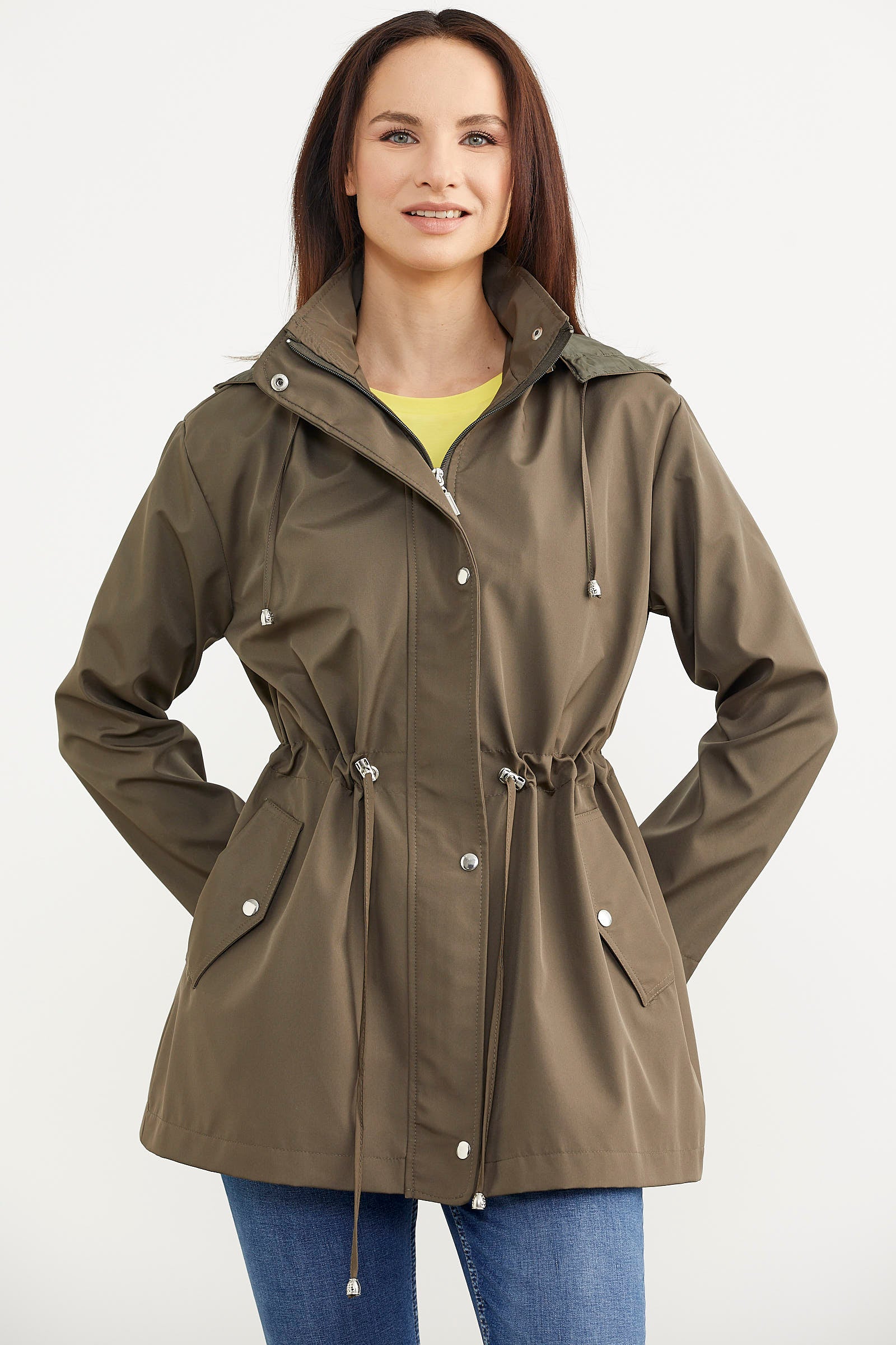 Büyük Beden Belden Büzgülü Kapüşonlu Trençkot - Haki (2) Sementa