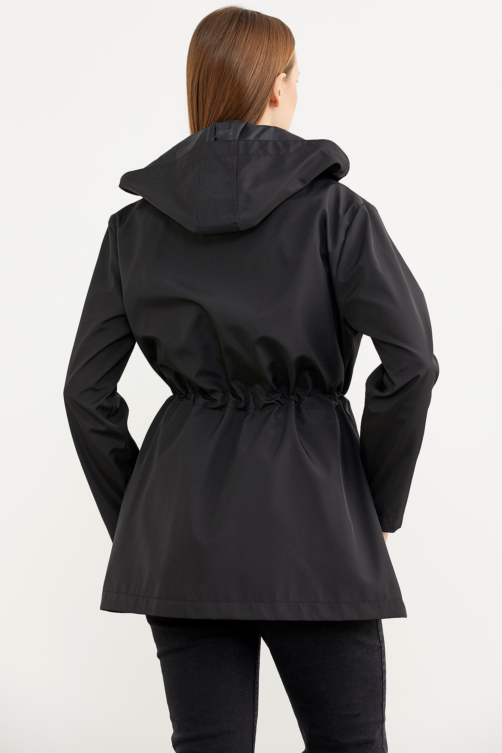 Büyük Beden Belden Büzgülü Kapüşonlu Trençkot - Siyah (5) Sementa