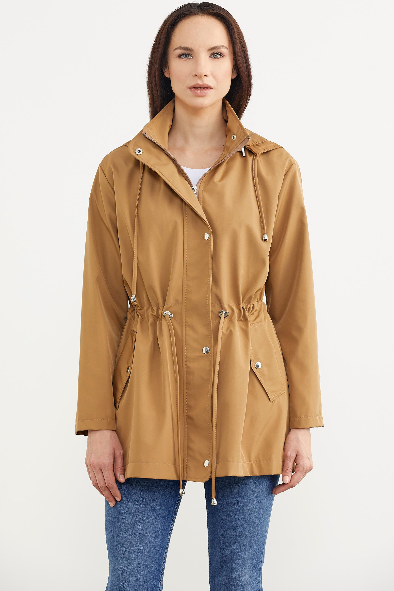 Büyük Beden Belden Büzgülü Kapüşonlu Trençkot - Vizon (1) Sementa