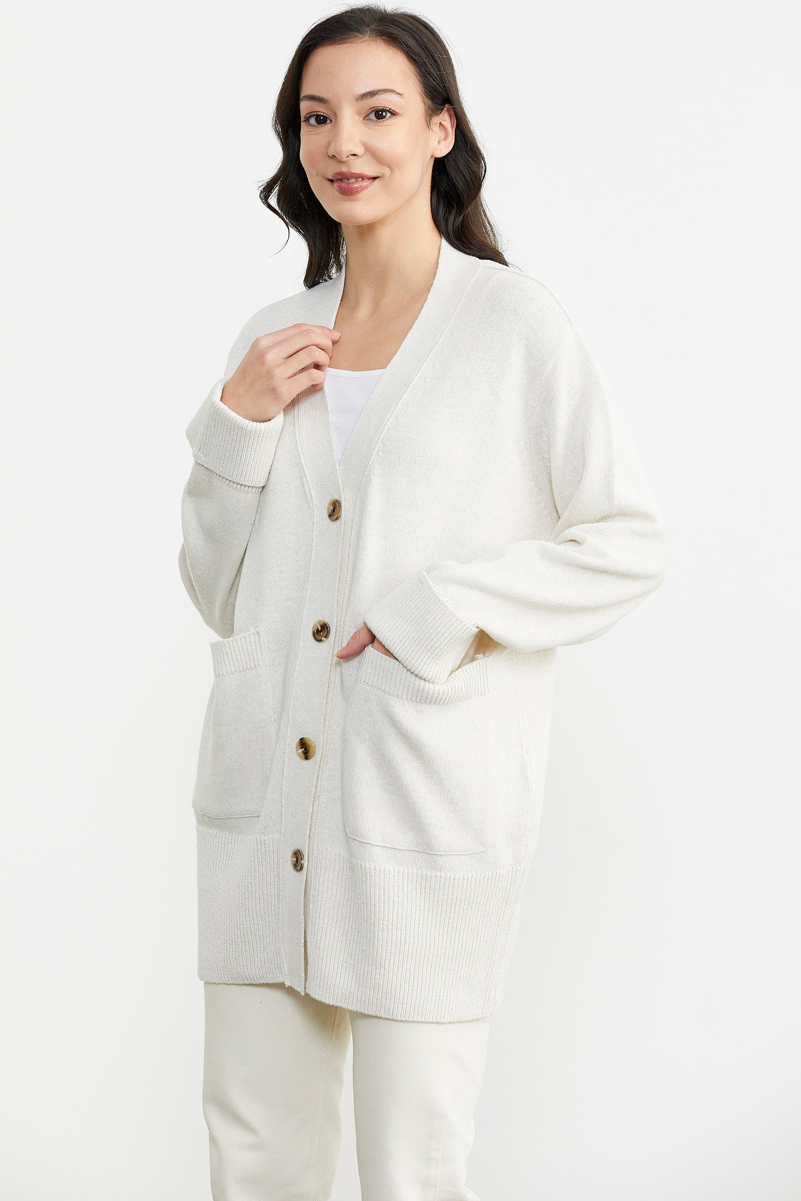 Büyük Beden Cepli Triko Hırka - Beyaz (1) Sementa