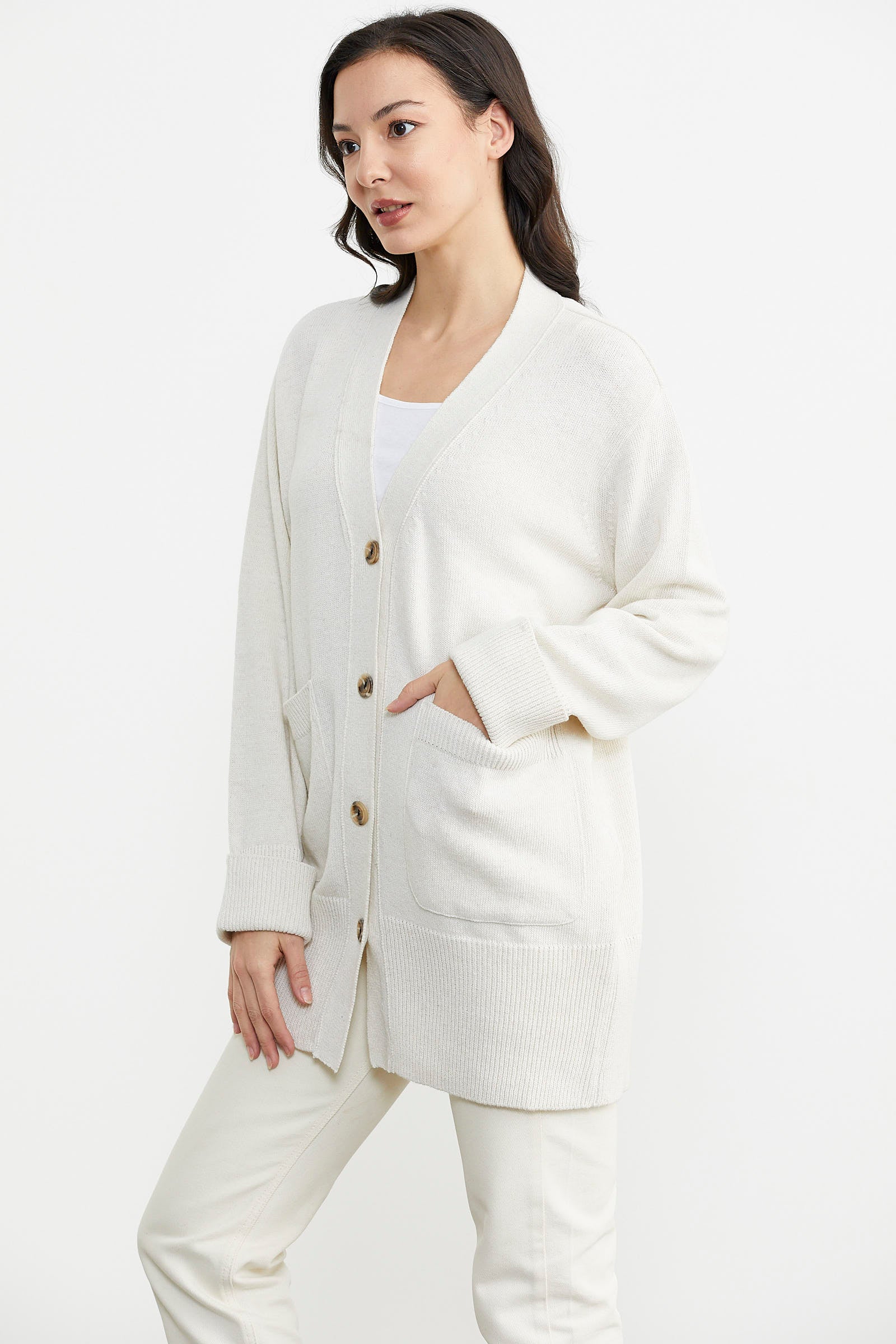 Büyük Beden Cepli Triko Hırka - Beyaz (3) Sementa