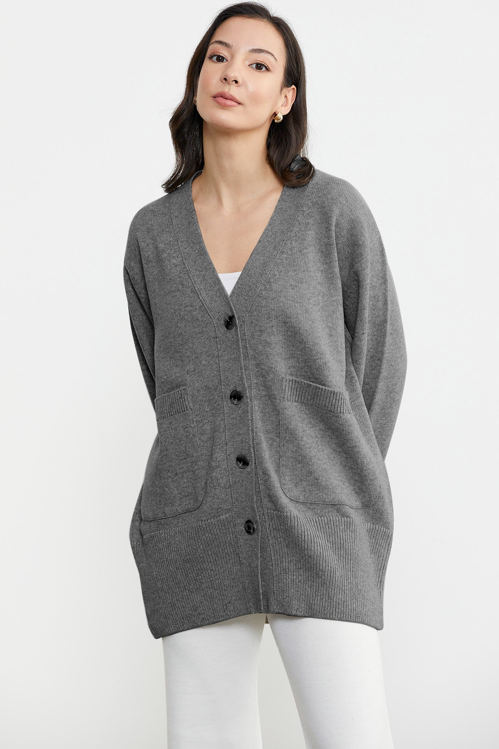 Büyük Beden Cepli Triko Hırka - Gri (1) Sementa