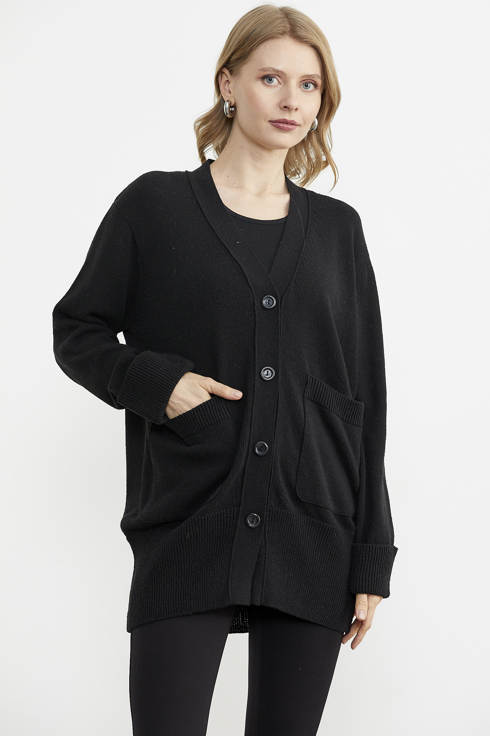 Büyük Beden Cepli Triko Hırka - Siyah (1) Sementa