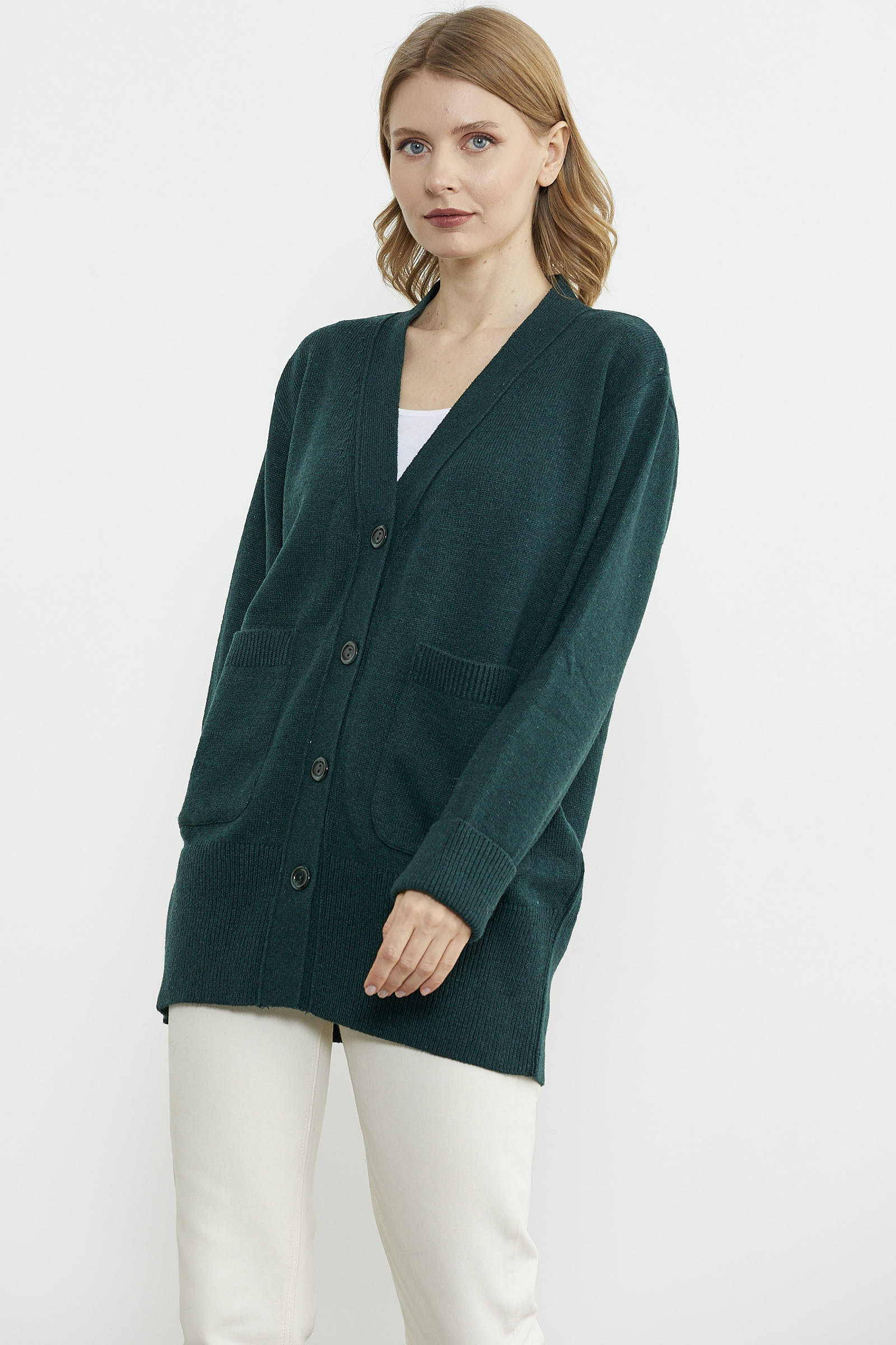 Büyük Beden Cepli Triko Hırka - Yeşil (2) Sementa