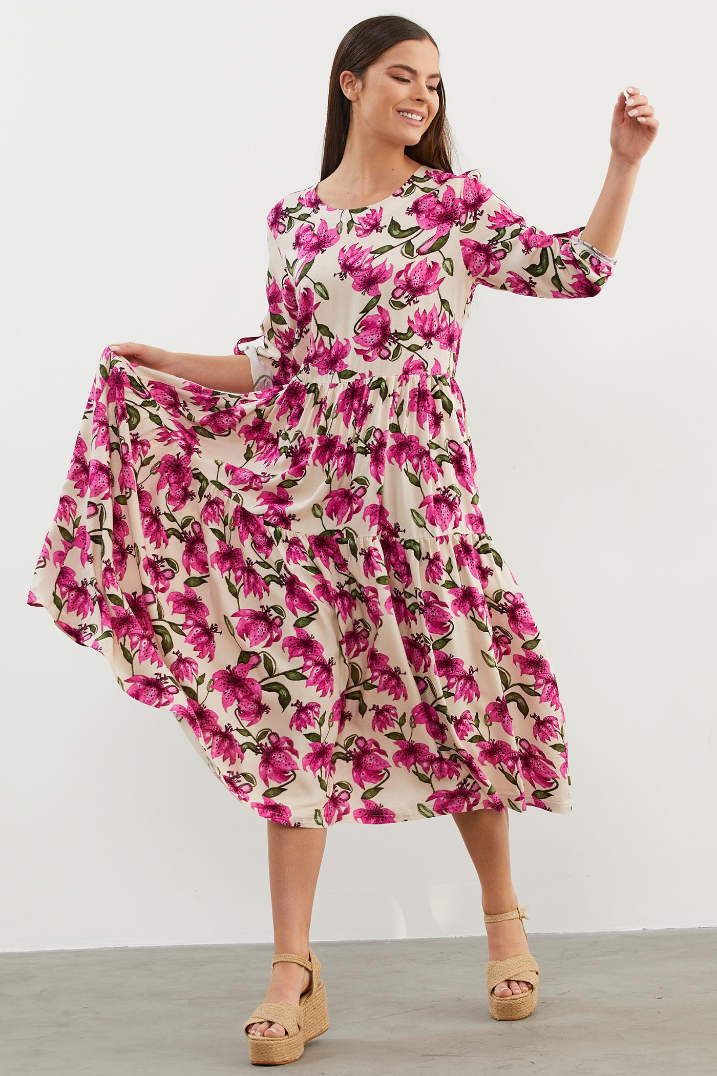 Büyük Beden Çiçek Desenli Elbise - Bej (2) Sementa