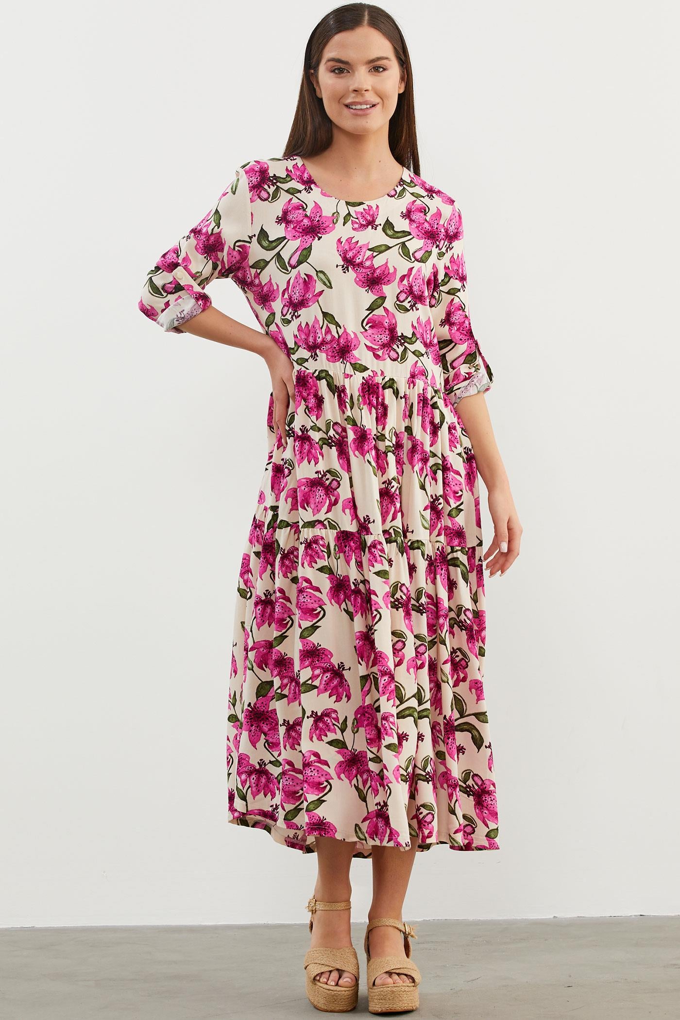 Büyük Beden Çiçek Desenli Elbise - Bej (3) Sementa