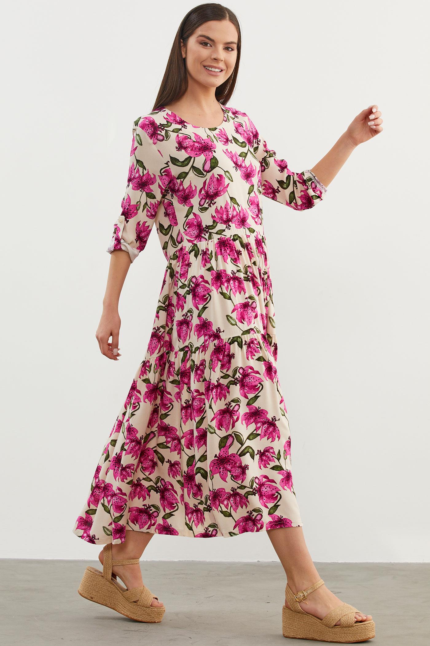 Büyük Beden Çiçek Desenli Elbise - Bej (4) Sementa