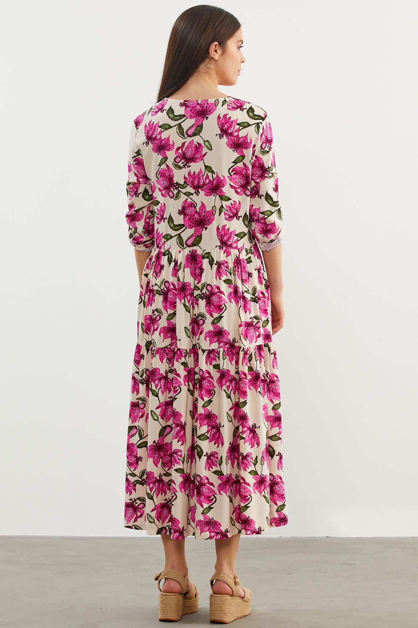 Büyük Beden Çiçek Desenli Elbise - Bej (5) Sementa