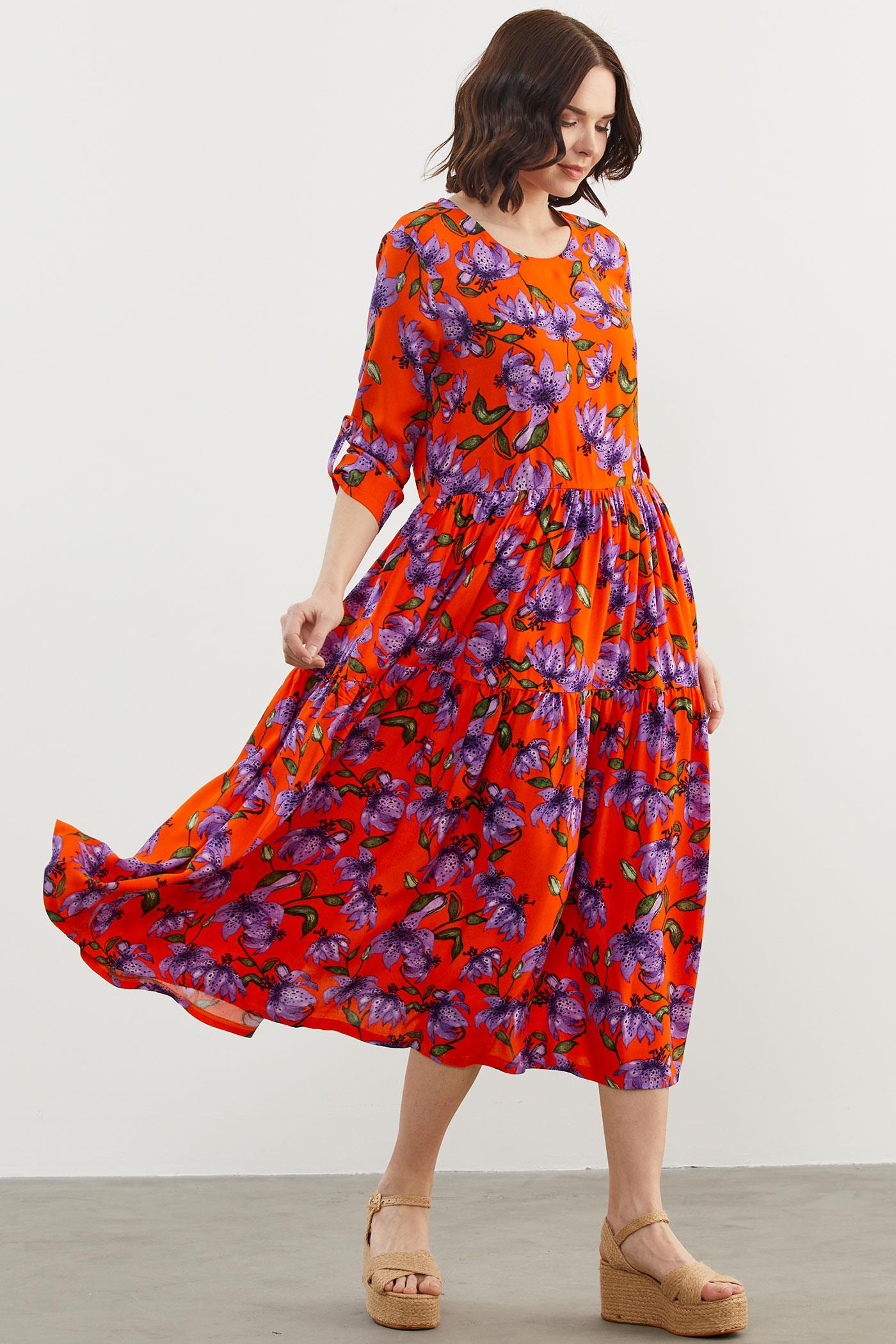 Büyük Beden Çiçek Desenli Elbise - Oranj (2) Sementa