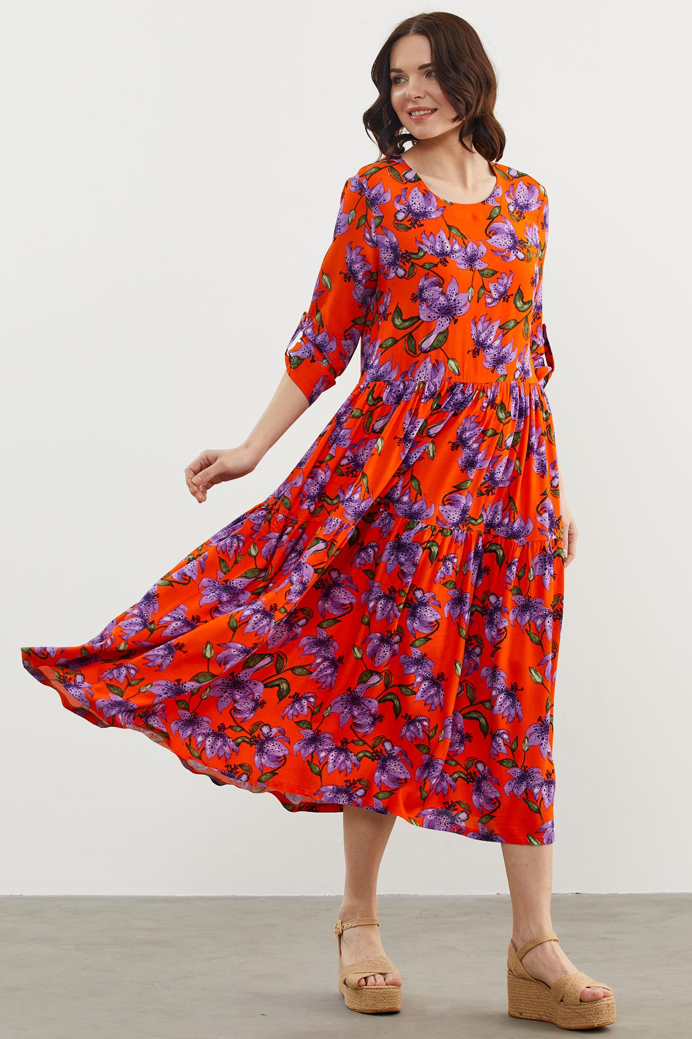 Büyük Beden Çiçek Desenli Elbise - Oranj (3) Sementa