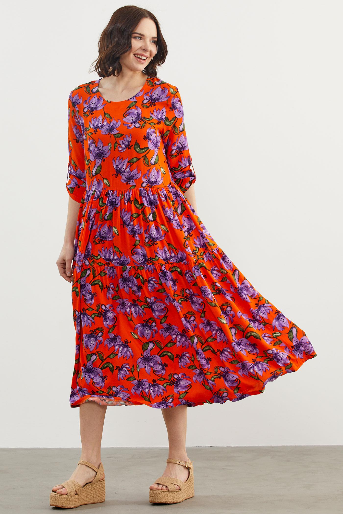 Büyük Beden Çiçek Desenli Elbise - Oranj (4) Sementa