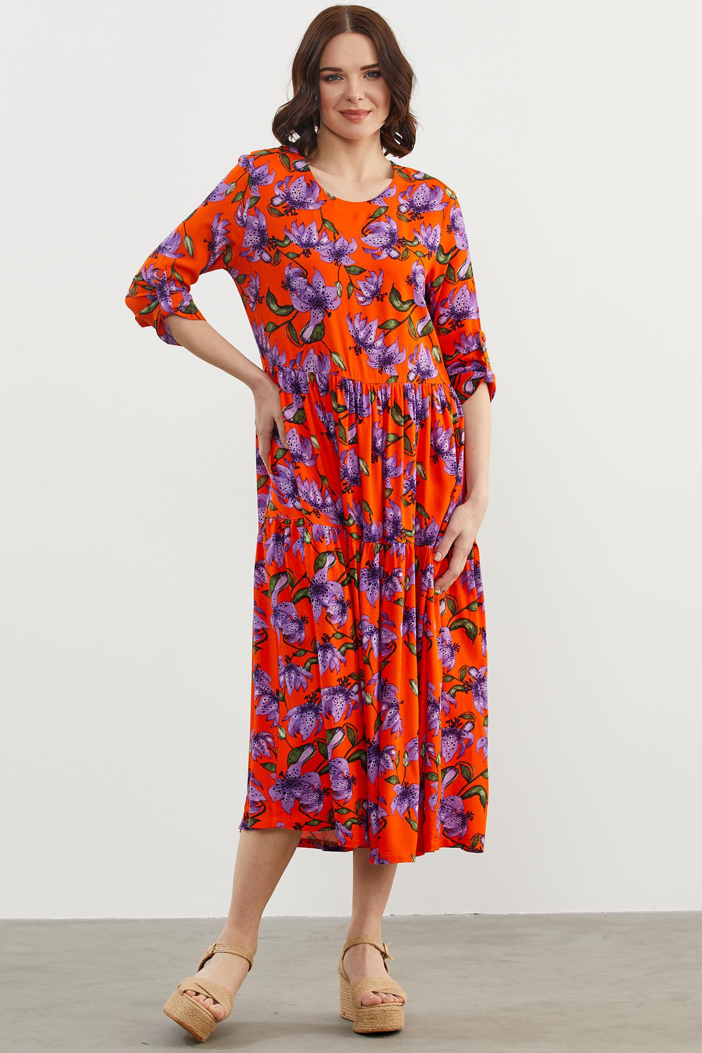 Büyük Beden Çiçek Desenli Elbise - Oranj (5) Sementa