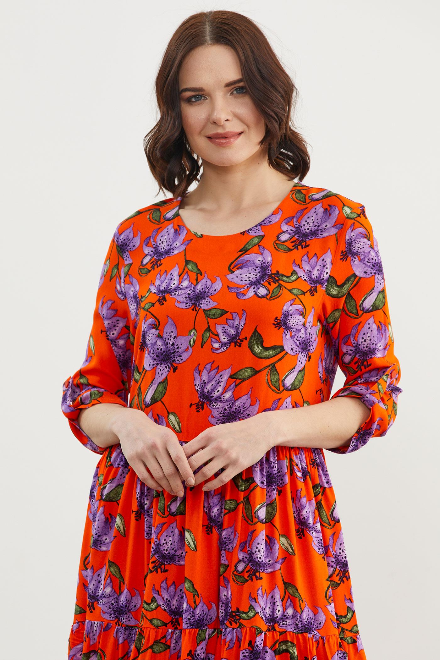 Büyük Beden Çiçek Desenli Elbise - Oranj (6) Sementa