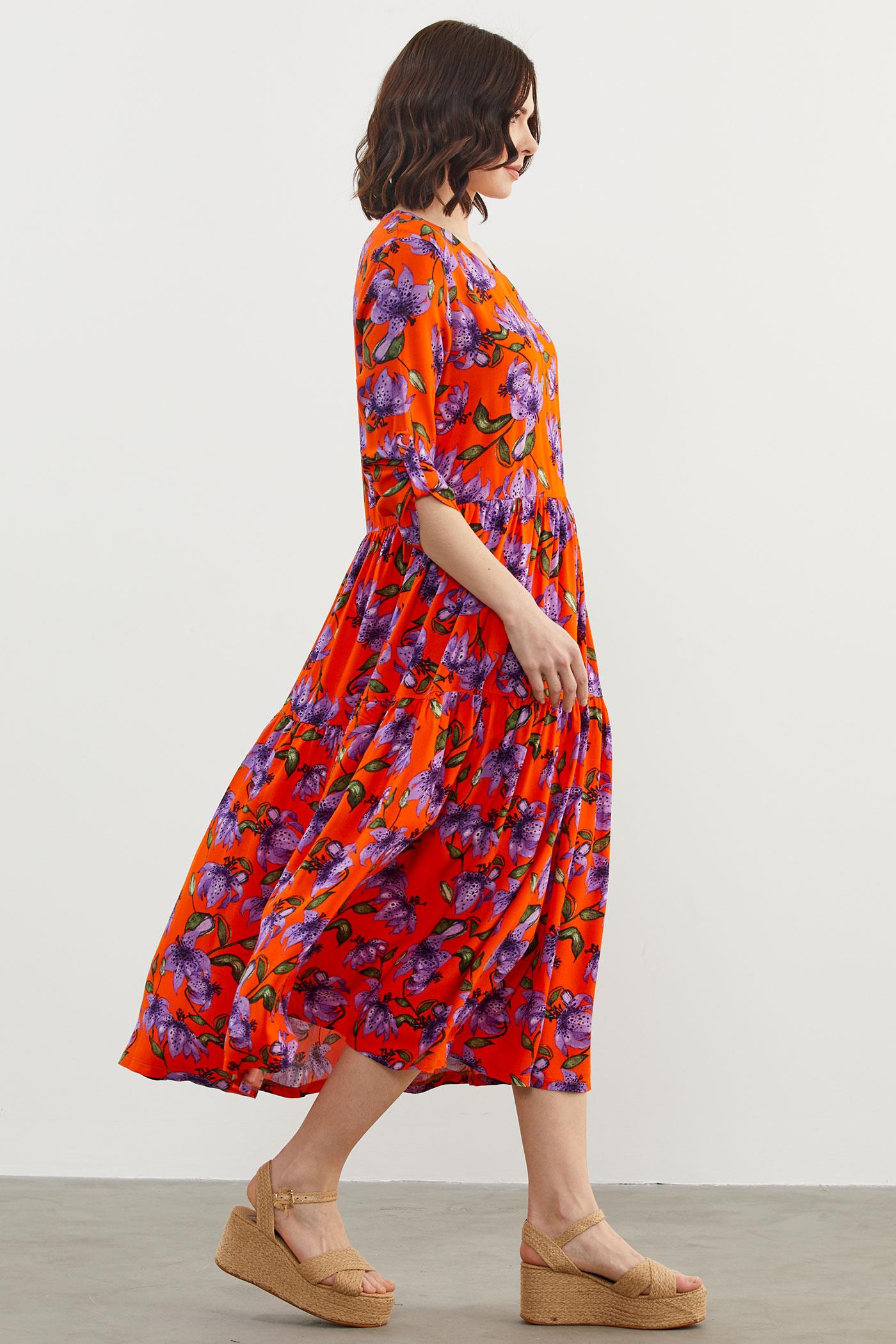 Büyük Beden Çiçek Desenli Elbise - Oranj (7) Sementa