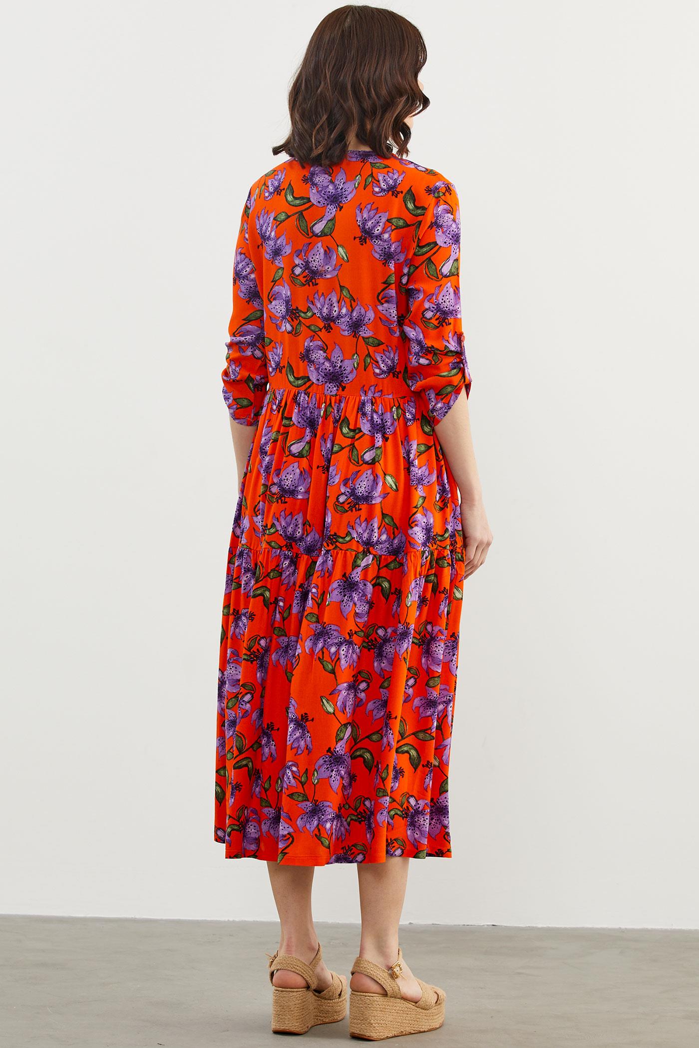 Büyük Beden Çiçek Desenli Elbise - Oranj (8) Sementa