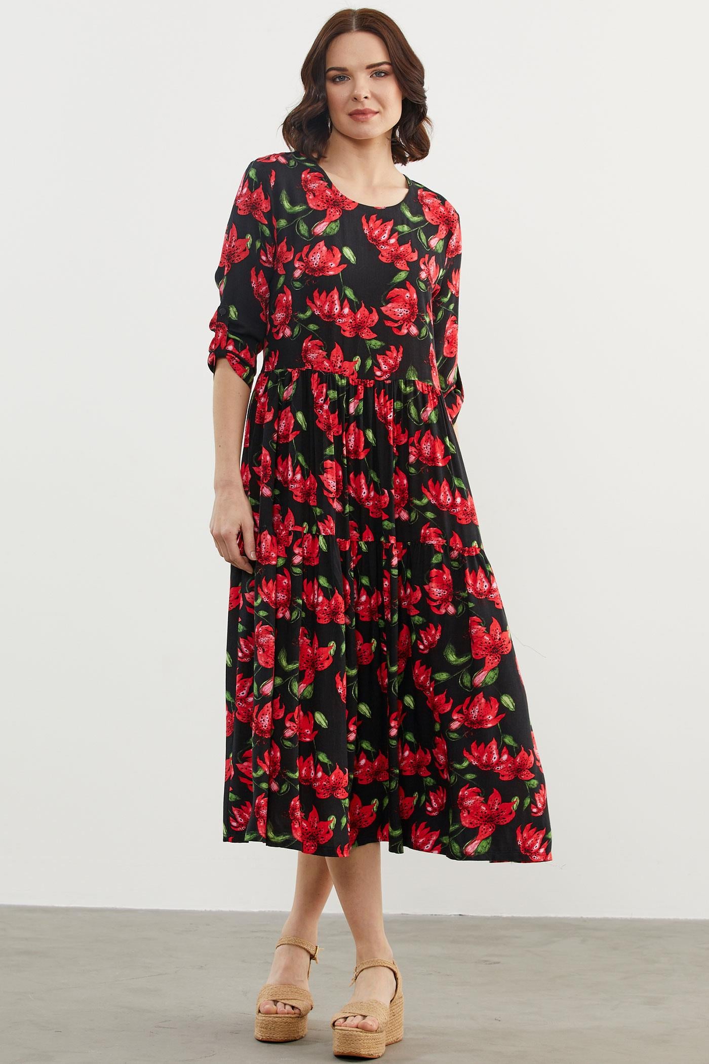 Büyük Beden Çiçek Desenli Elbise - Siyah (1) Sementa