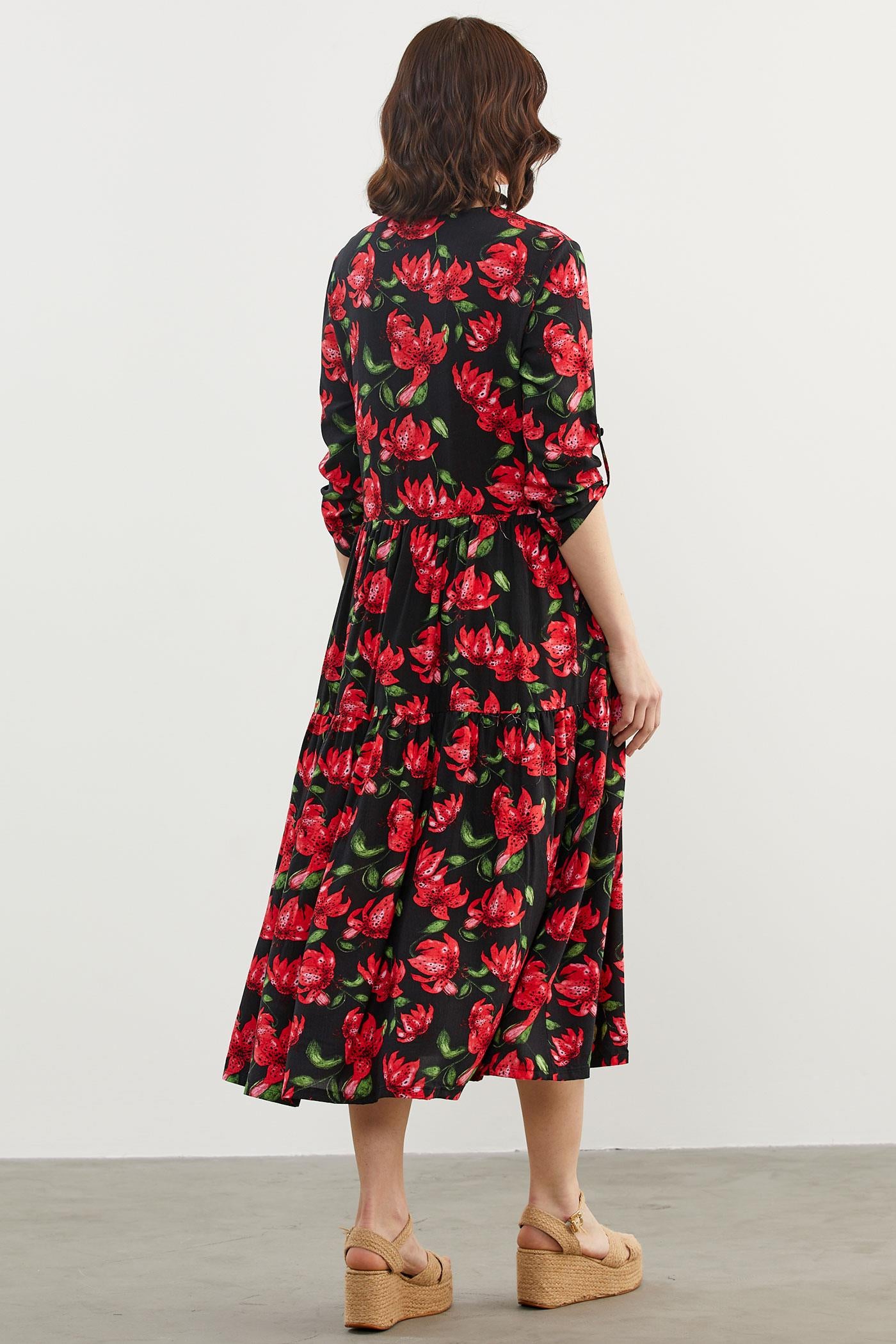 Büyük Beden Çiçek Desenli Elbise - Siyah (5) Sementa