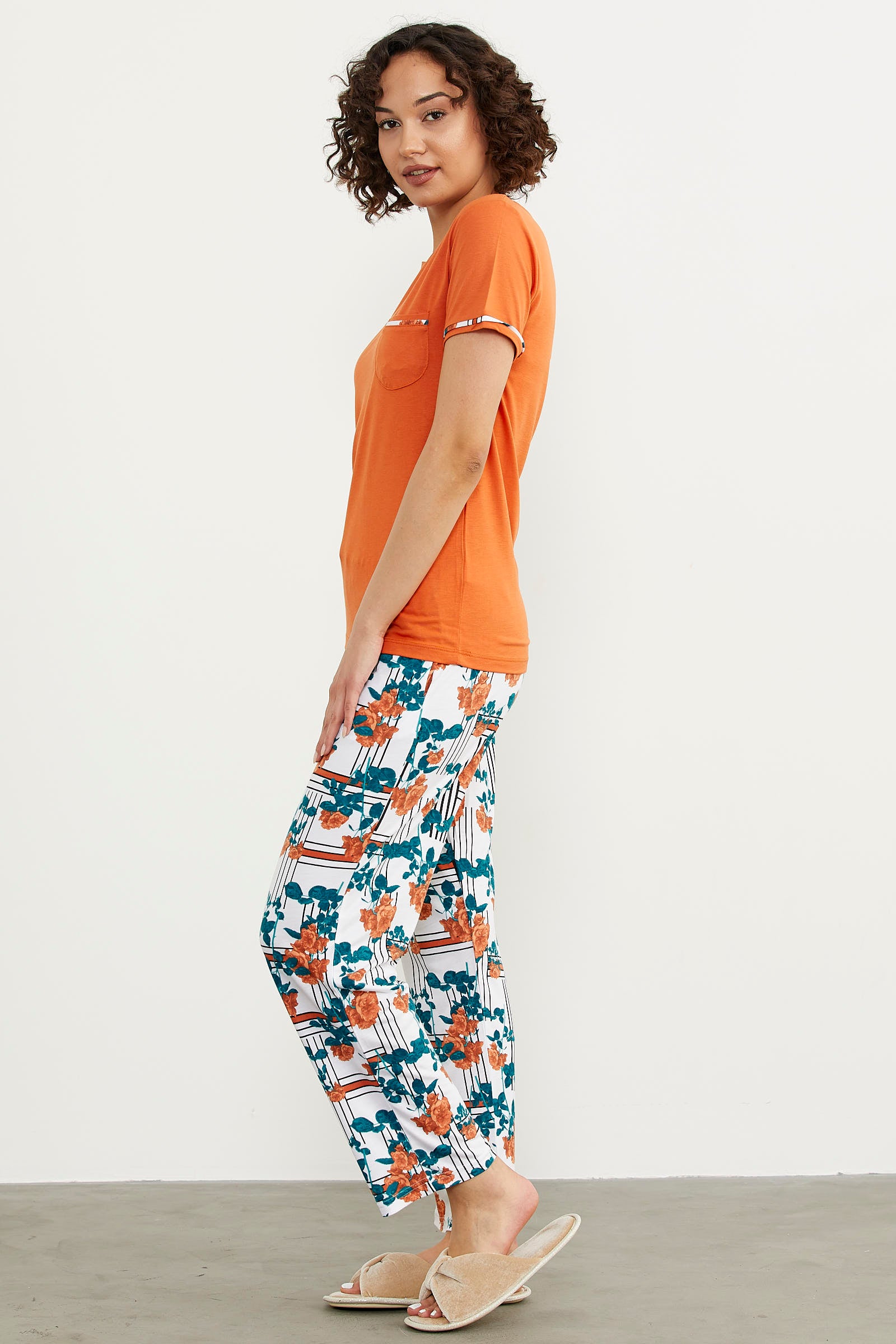 Büyük Beden Çiçek Desenli Renkli Pijama Takım - Kiremit (3) Sementa