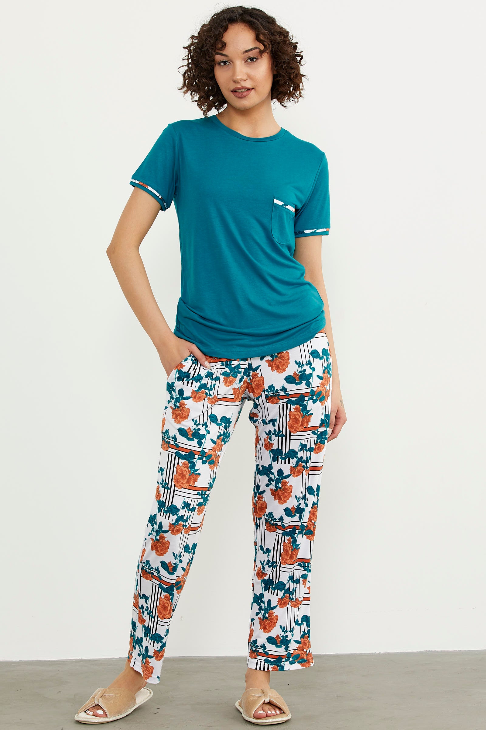 Büyük Beden Çiçek Desenli Renkli Pijama Takım - Yeşil (4) Sementa