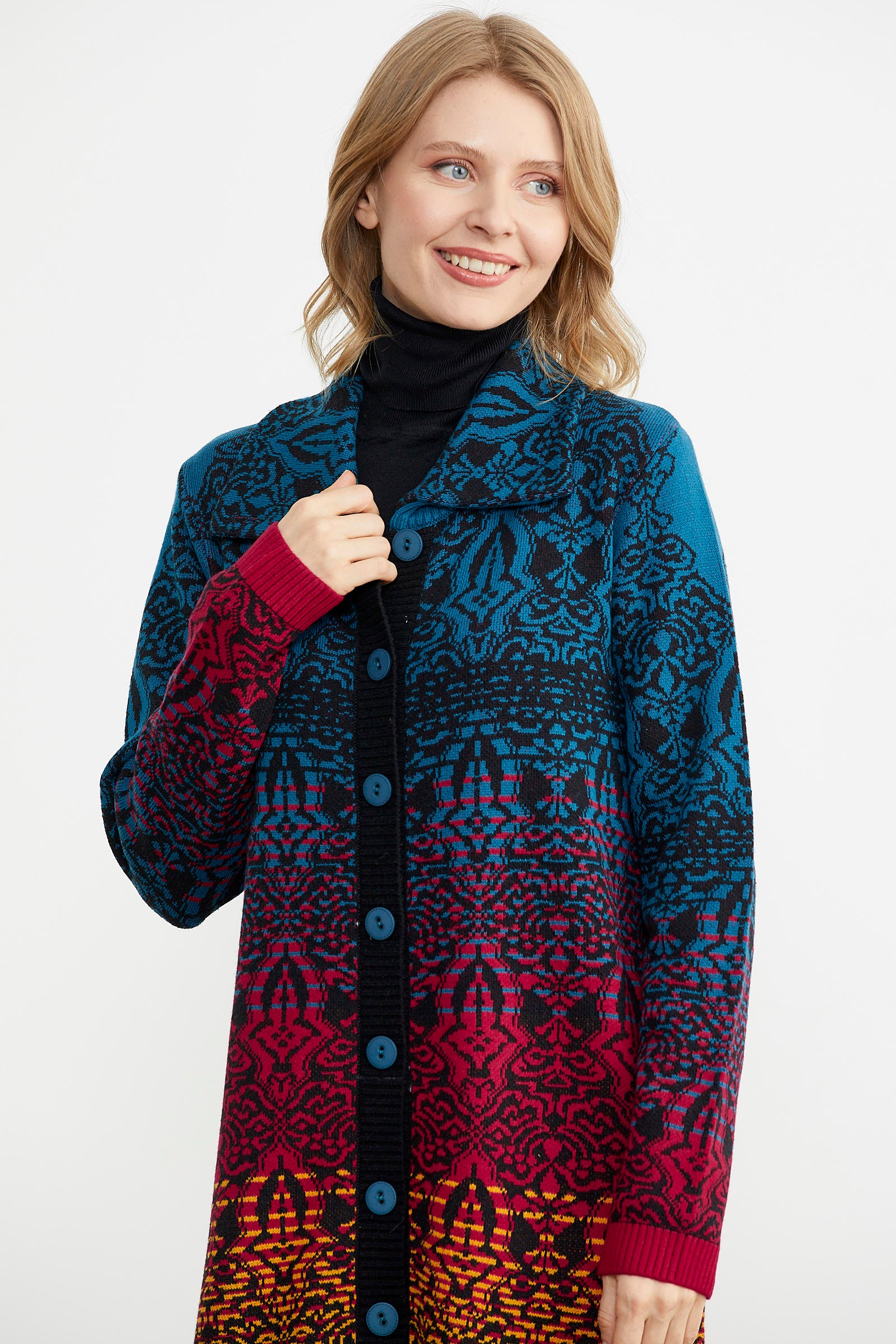 Büyük Beden Çok Renkli Uzun Triko Hırka - Siyah (4) Sementa