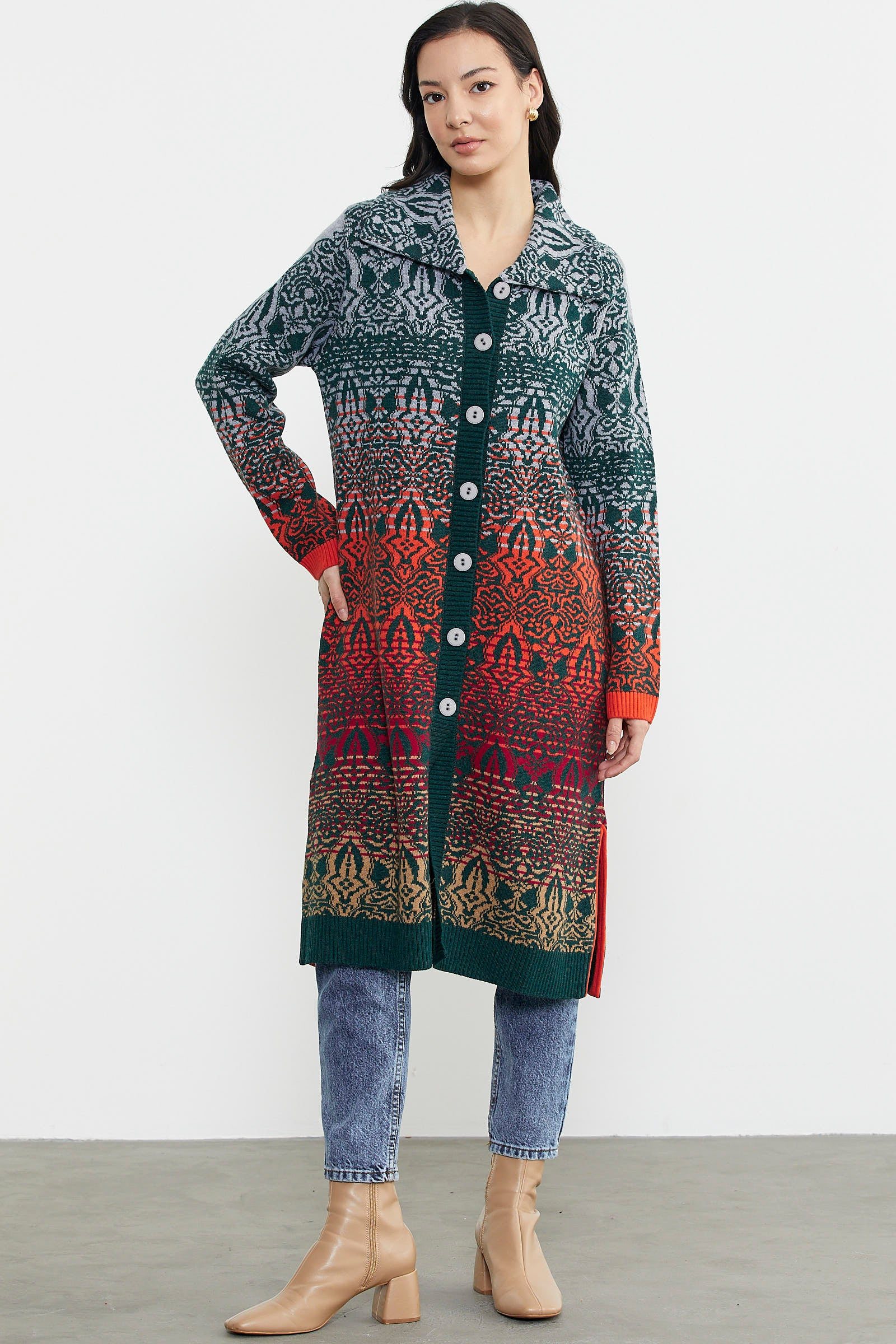 Büyük Beden Çok Renkli Uzun Triko Hırka - Yeşil (2) Sementa