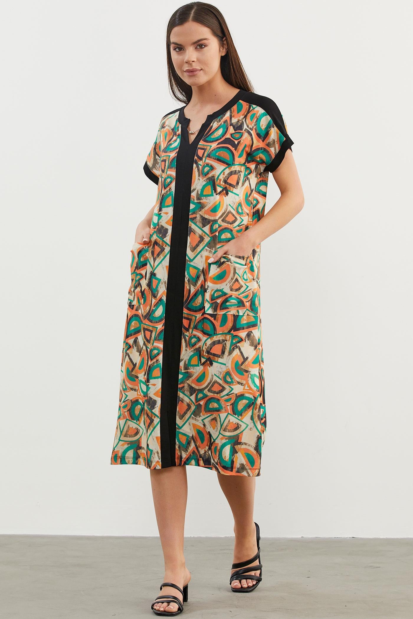 Büyük Beden Desenli Penye Elbise - Yeşil (3) Sementa