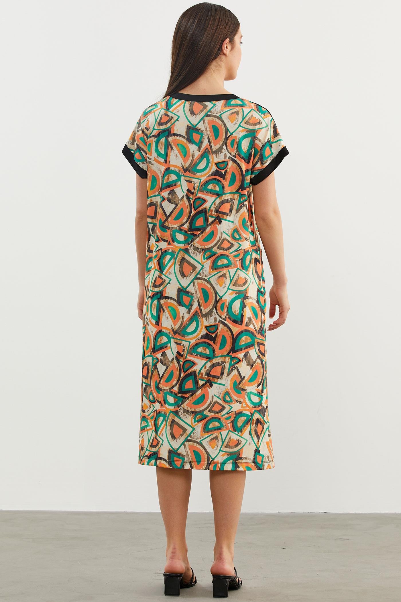 Büyük Beden Desenli Penye Elbise - Yeşil (7) Sementa