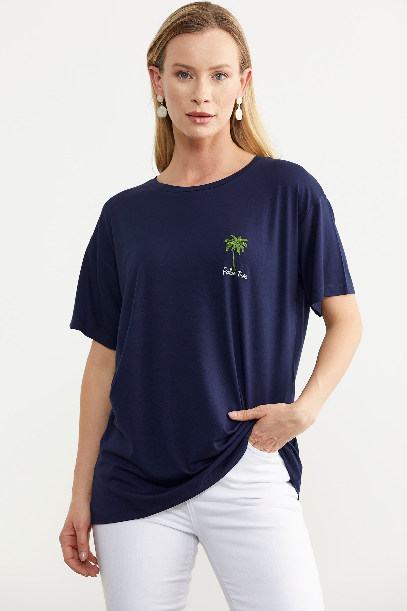 Büyük Beden Düşük Kol Penye Tişört - Lacivert (2) Sementa