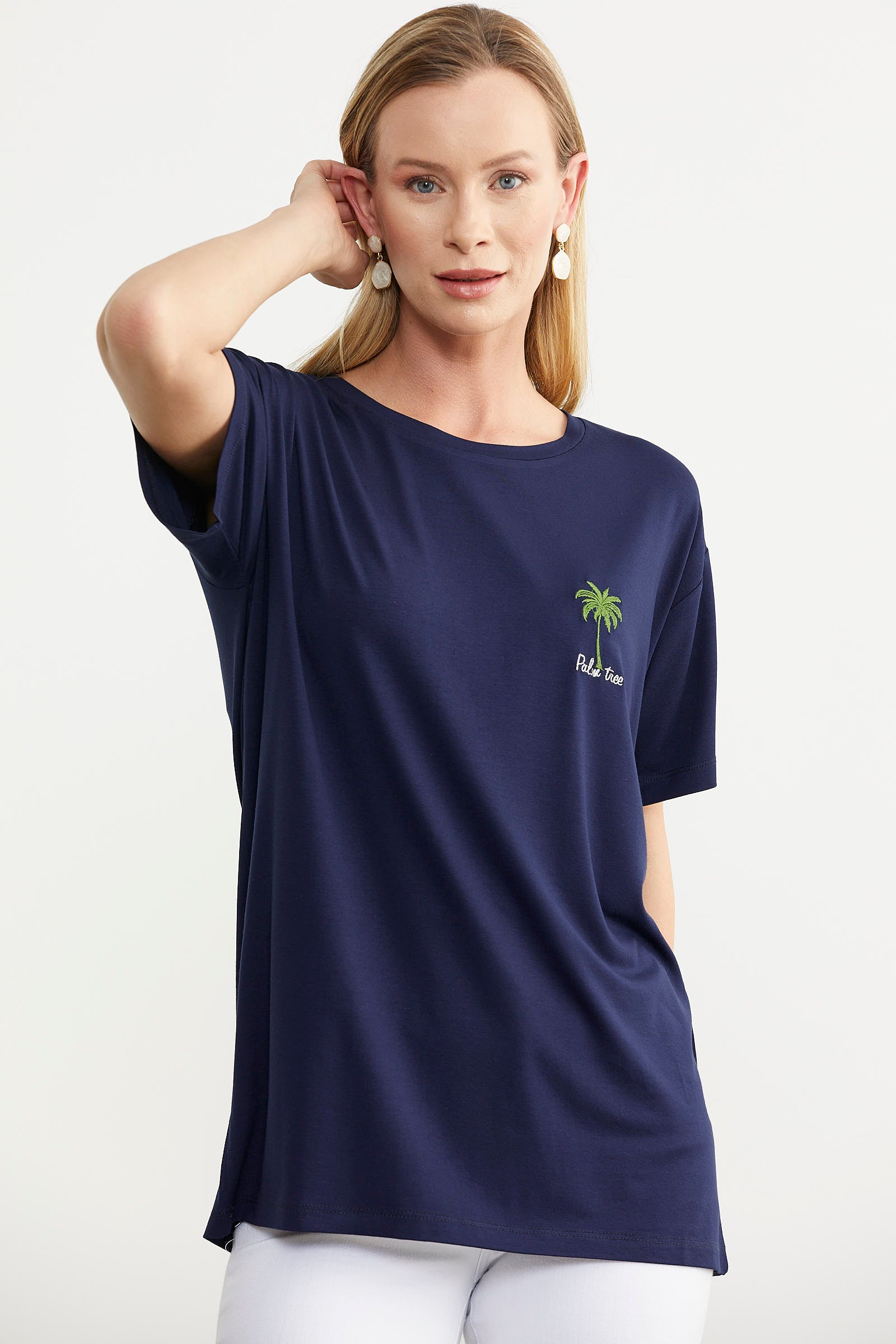 Büyük Beden Düşük Kol Penye Tişört - Lacivert (4) Sementa