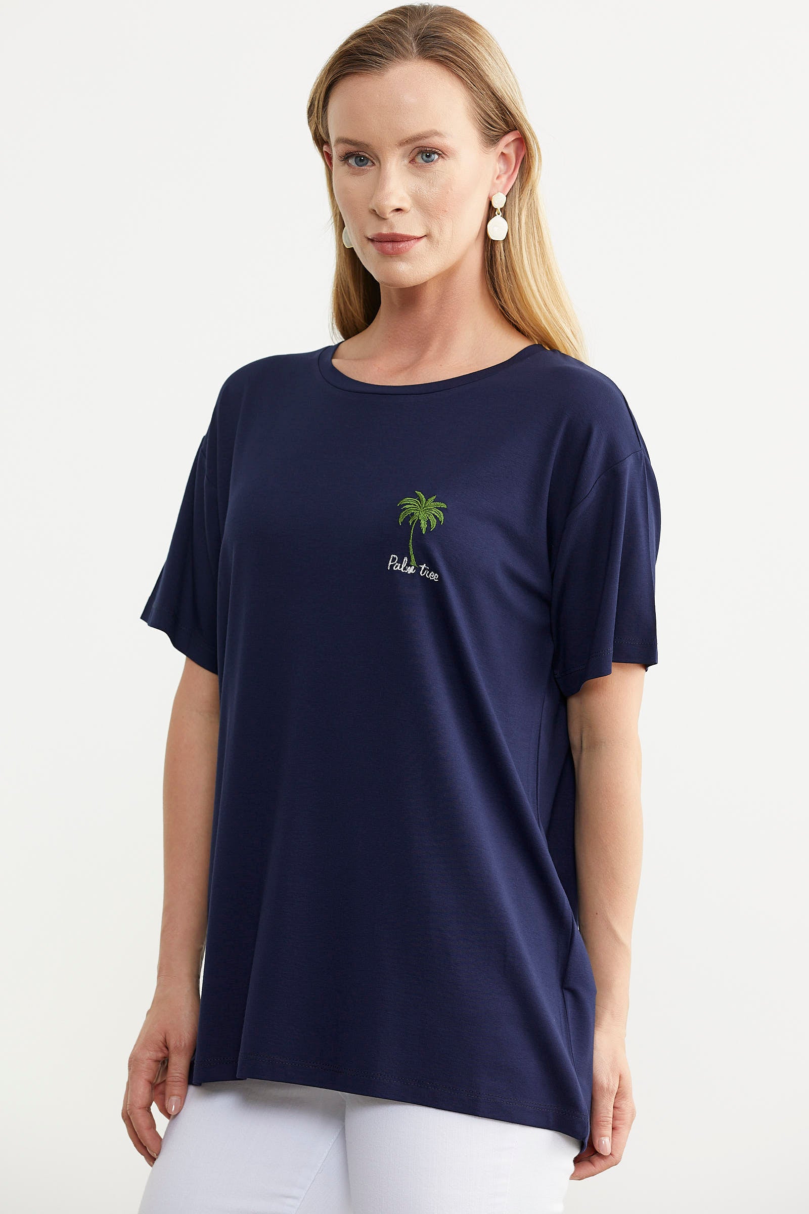 Büyük Beden Düşük Kol Penye Tişört - Lacivert (5) Sementa