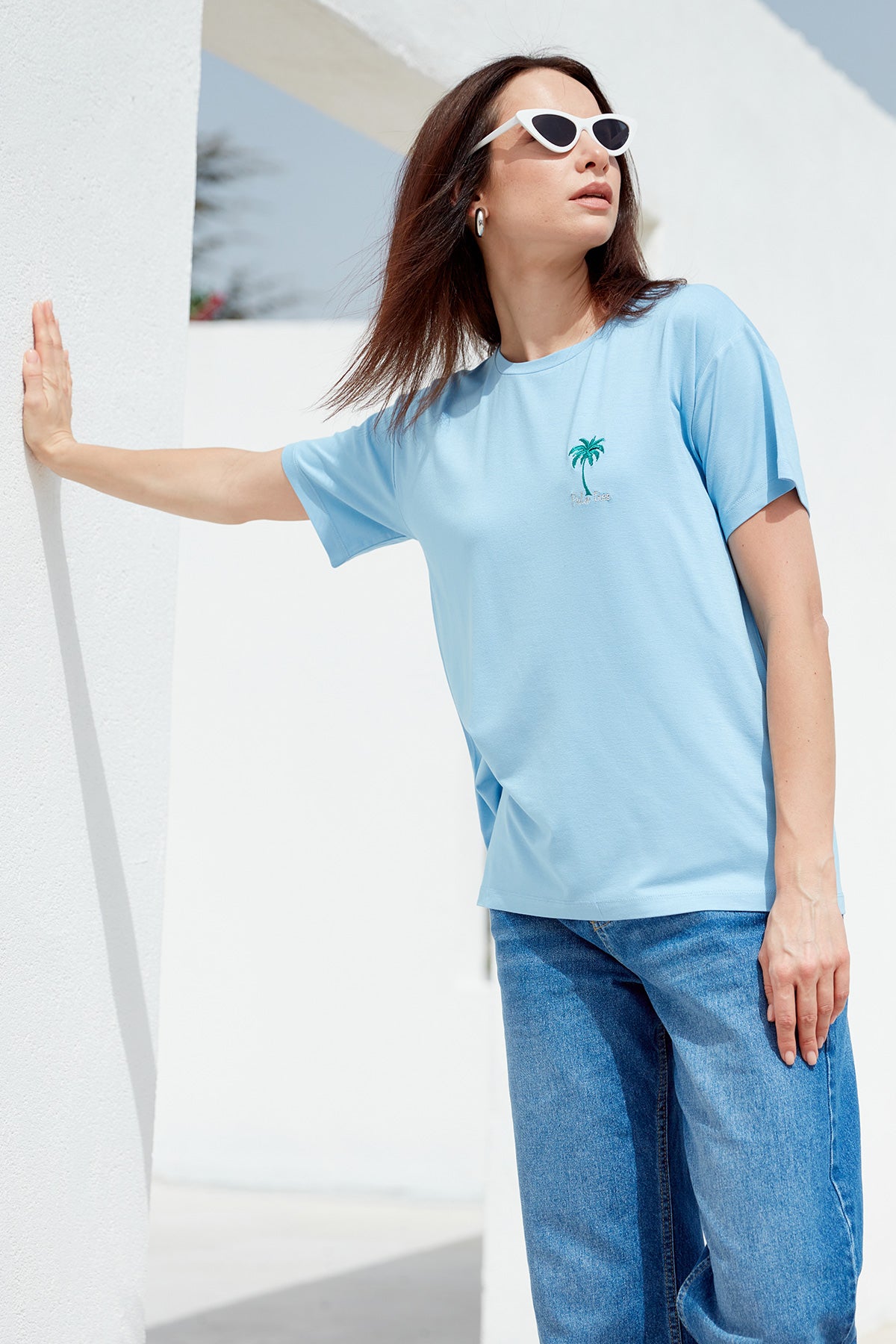 Büyük Beden Düşük Kol Penye Tişört - Mavi (2) Sementa