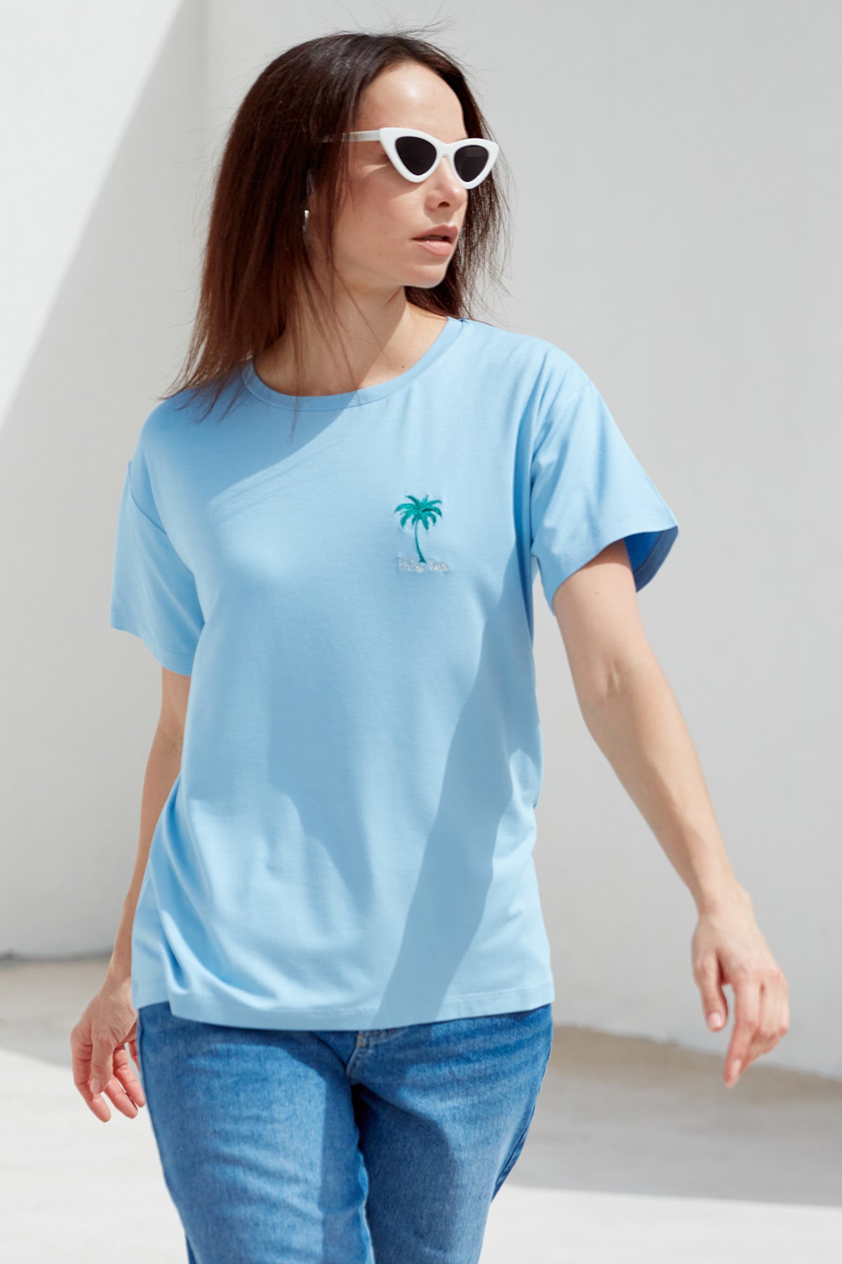 Büyük Beden Düşük Kol Penye Tişört - Mavi (3) Sementa